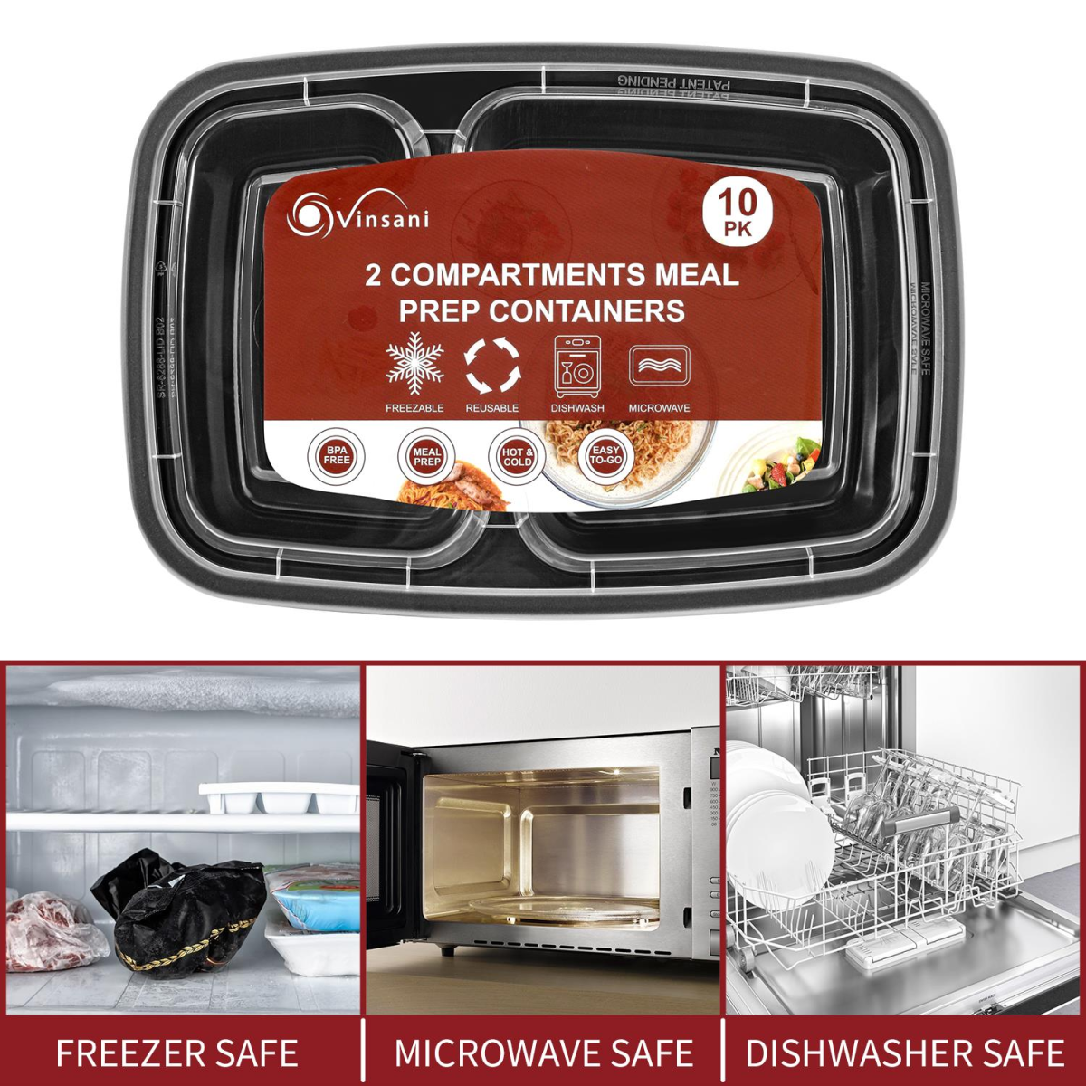 VINSANI 10pk 2 COMPARTMENTS MEAL PREP CONTAINERS 1010424 X 3