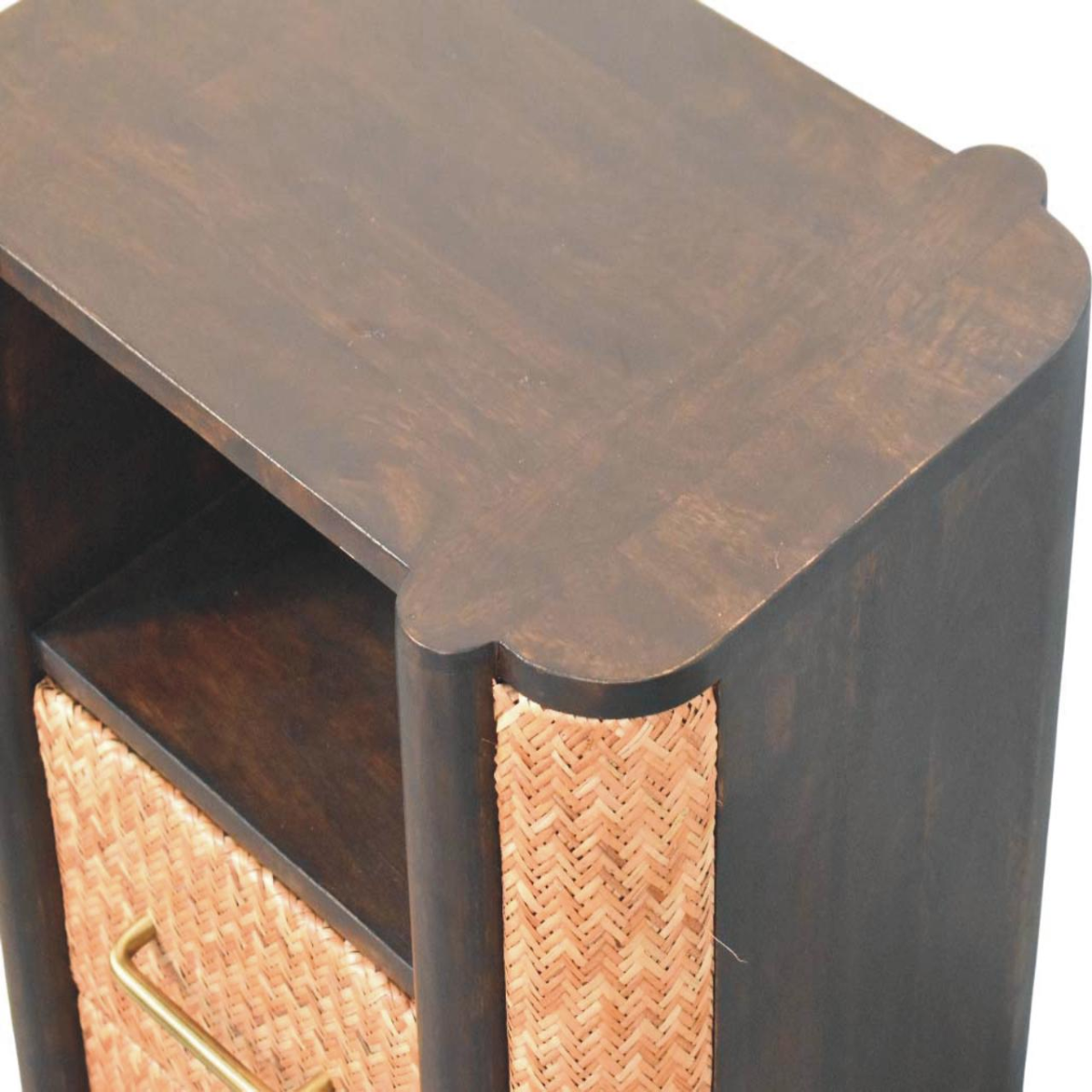 Artisan Furniture Solid Wood Rattan Curve Edge Nightstand, 2 Drawers, 1 Shelf, Brown
