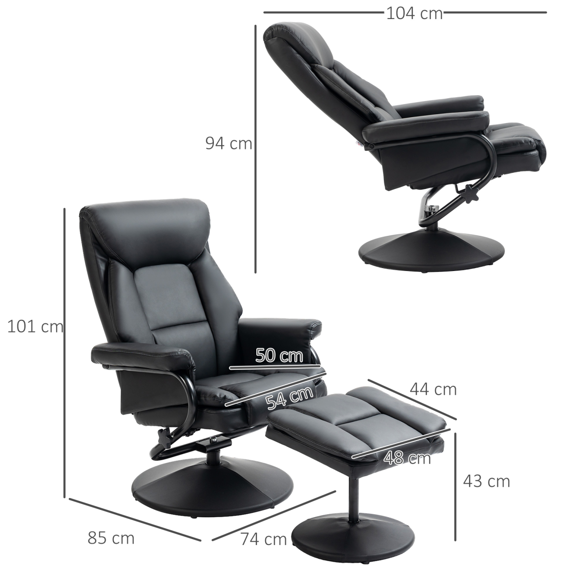 HOMCOM PU Leather Swivel Recliner Armchair with Ottoman, Black