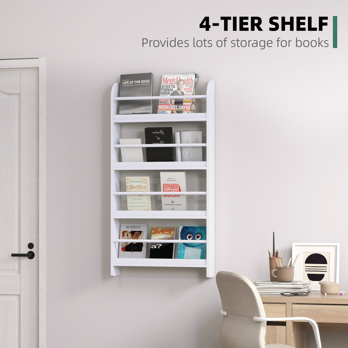 MDF Freestanding Wall-Mounted 4-Tier Magazine Shelf Rack White