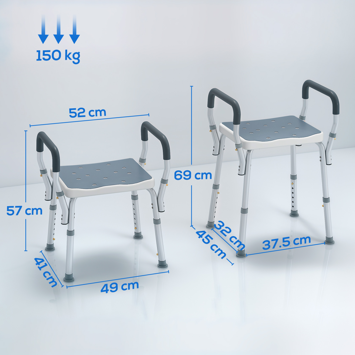 HOMCOM Rust-Free Aluminium Bath Chair with Adjustable Height, Light Blue
