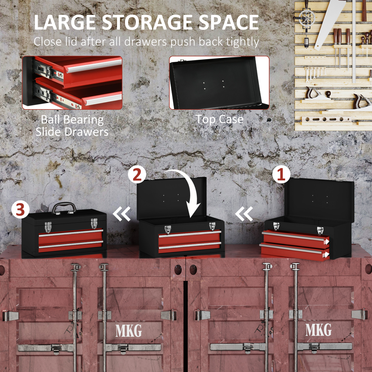 2 Drawer Tool Chest Lockable Tool Box w/ Ball Bearing Runners 46cmx24cmx22cm