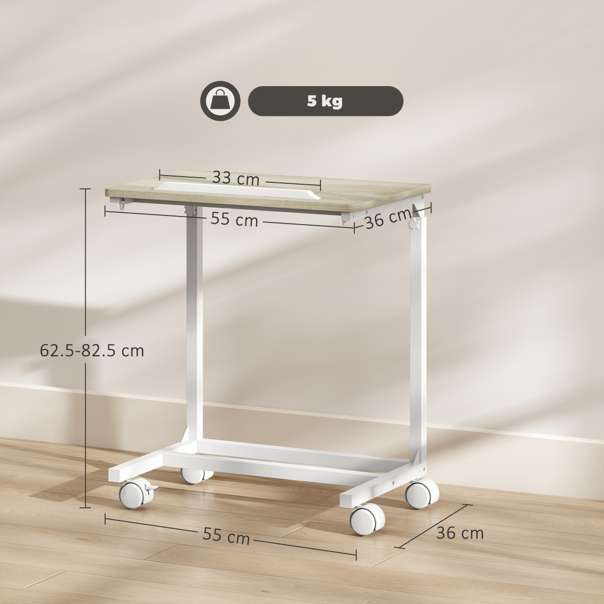 HOMCOM C-Shaped Sofa Side Table, Height Adjustable Overbed Table, Oak