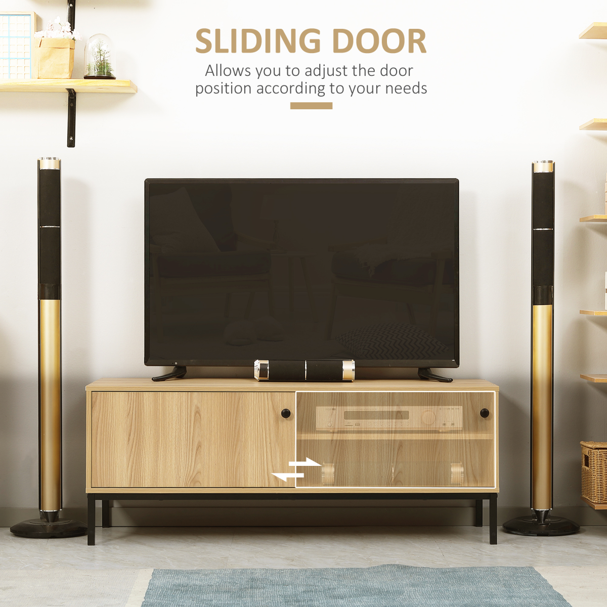HOMCOM TV Stand Cabinet with Sliding Door for Living Room Natural