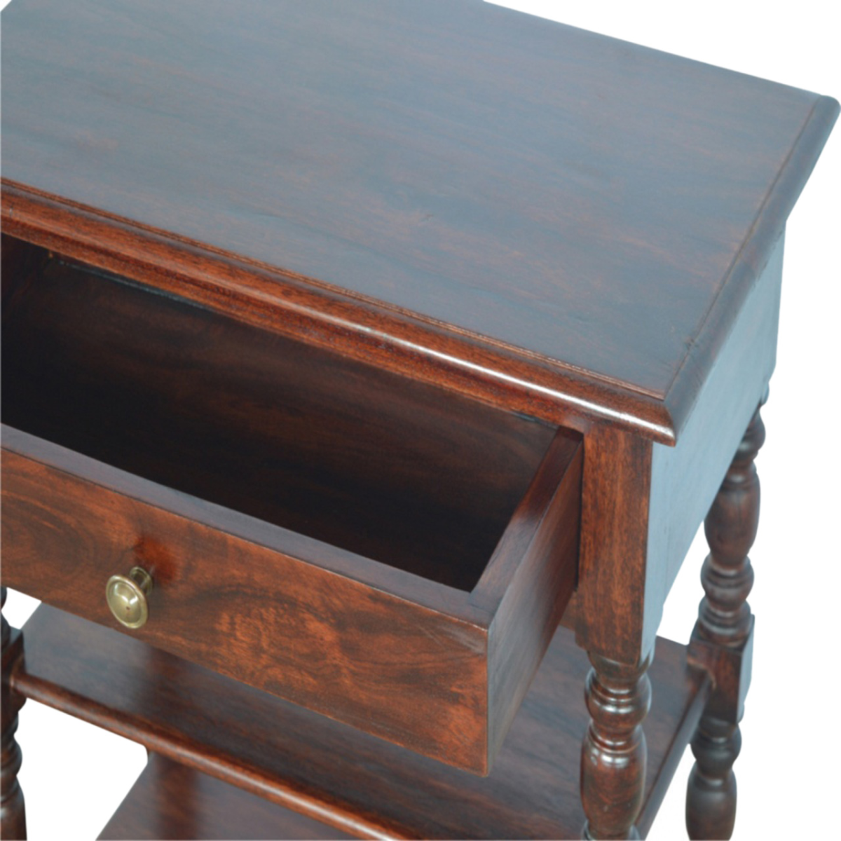 Artisan Furniture Solid Wood Turned Occasional Table, 1 Drawer and 2 Shelves, Dark Brown