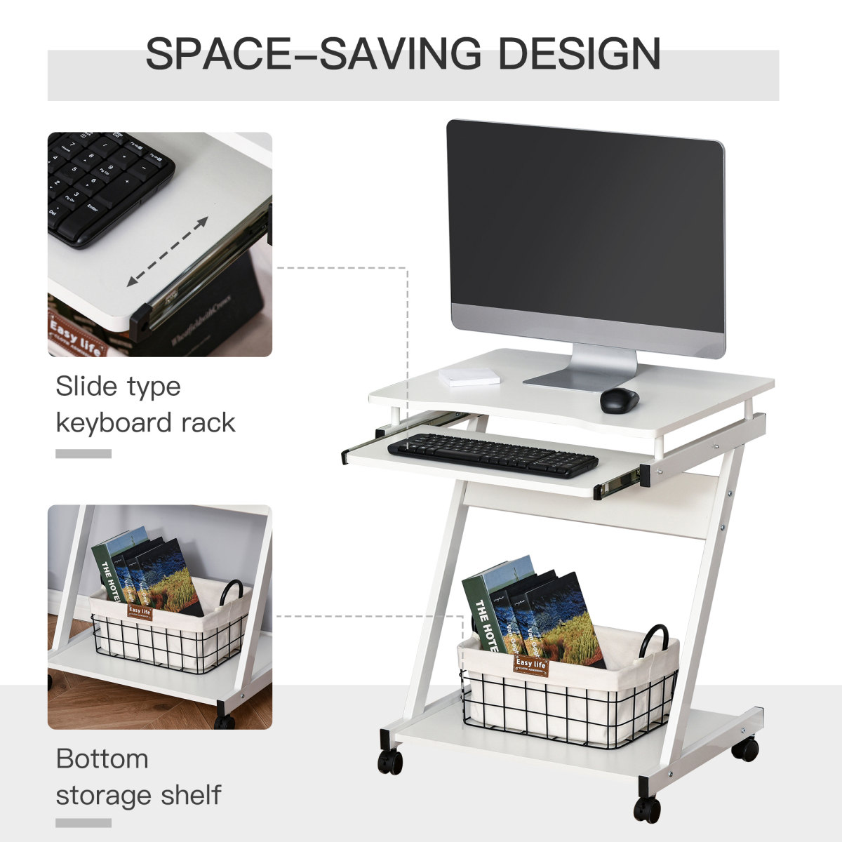 Computer Desk with 4 Moving Wheels Sliding Keyboard Tray White