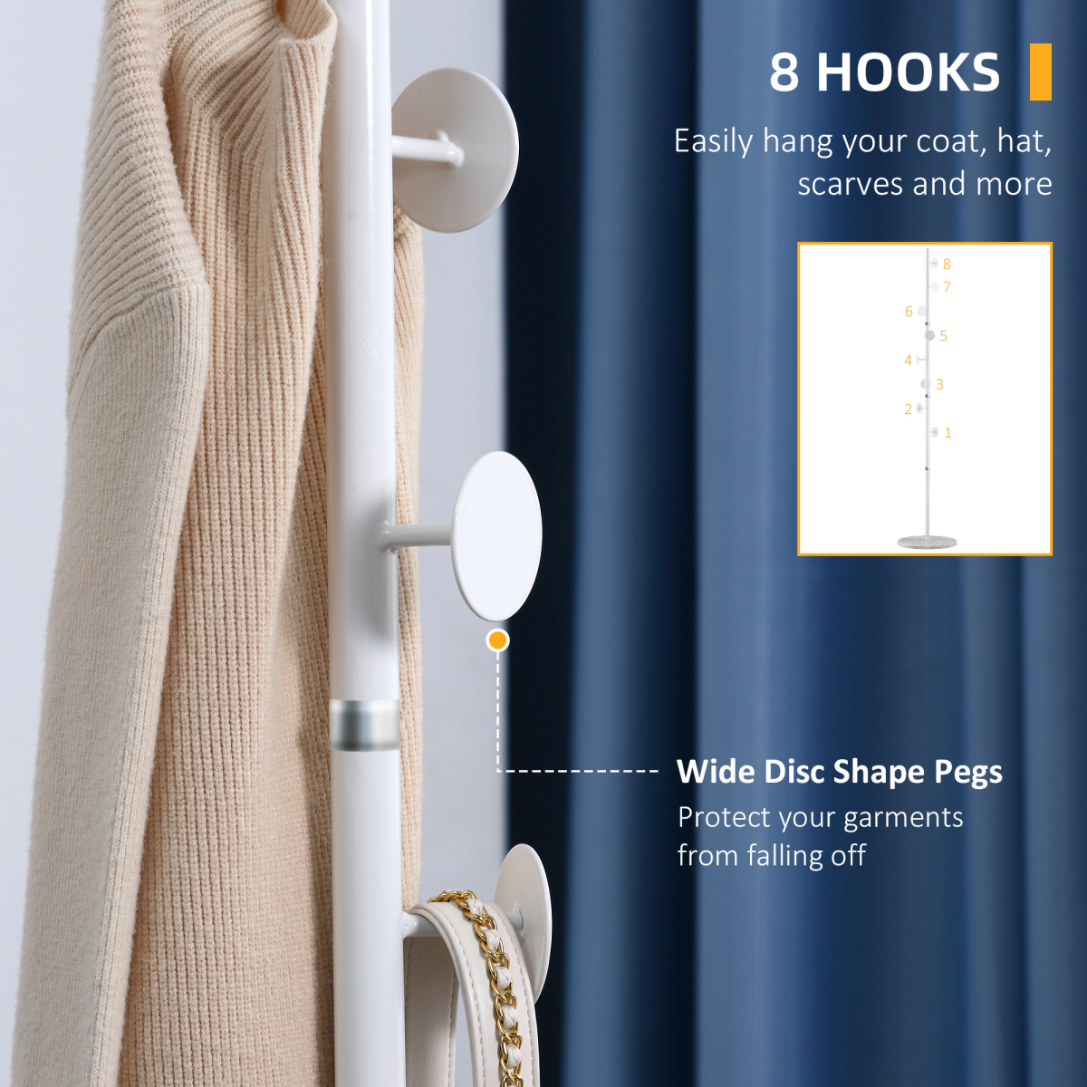HOMCOM Steel Coat Stand Rack Marble Base 8 Hook for Living Room Entryway,White
