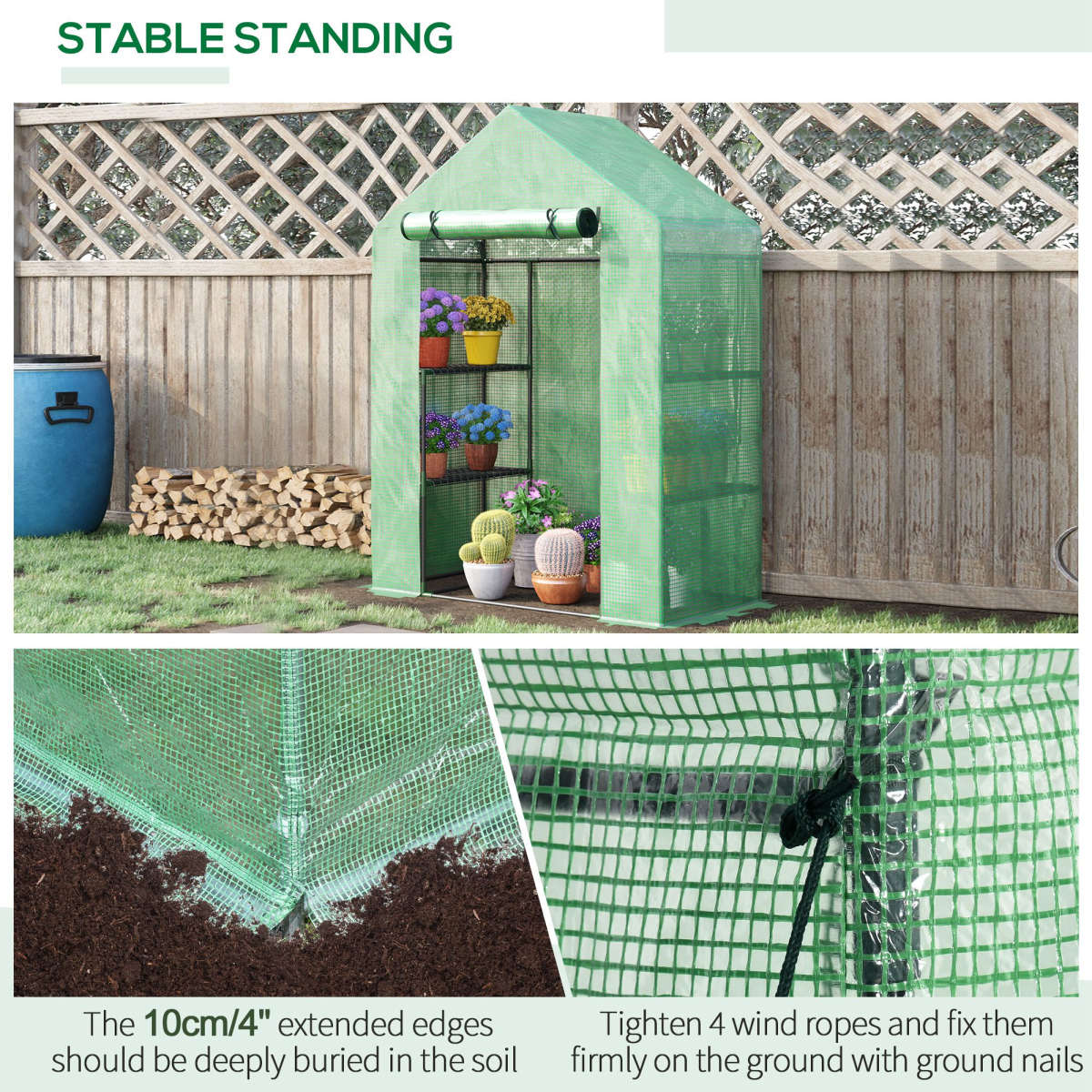 WalkIn Greenhouse 2 Tier Shelf, Roll-Up Door, PE Cover, 141x72x191cm, Green