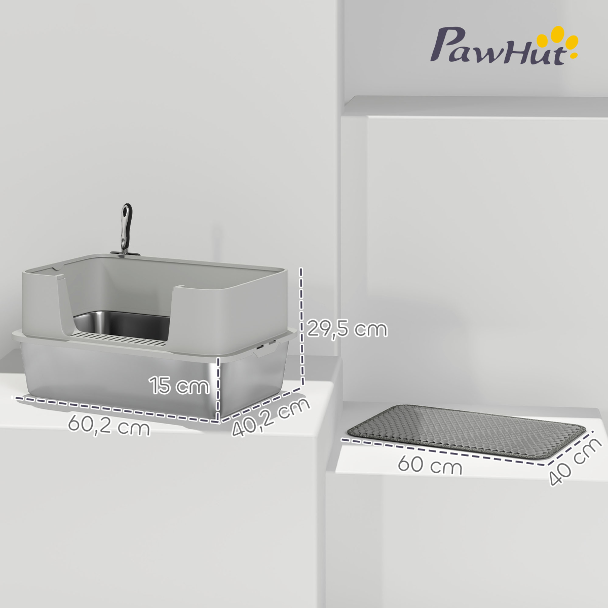 PawHut Stainless Steel Litter Box with Scoop, High Sided Cat Litter Tray