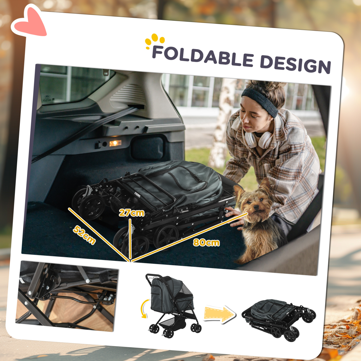 PawHut Pet Stroller - Foldable Dog Carriage w/ Reversible Handle - Grey