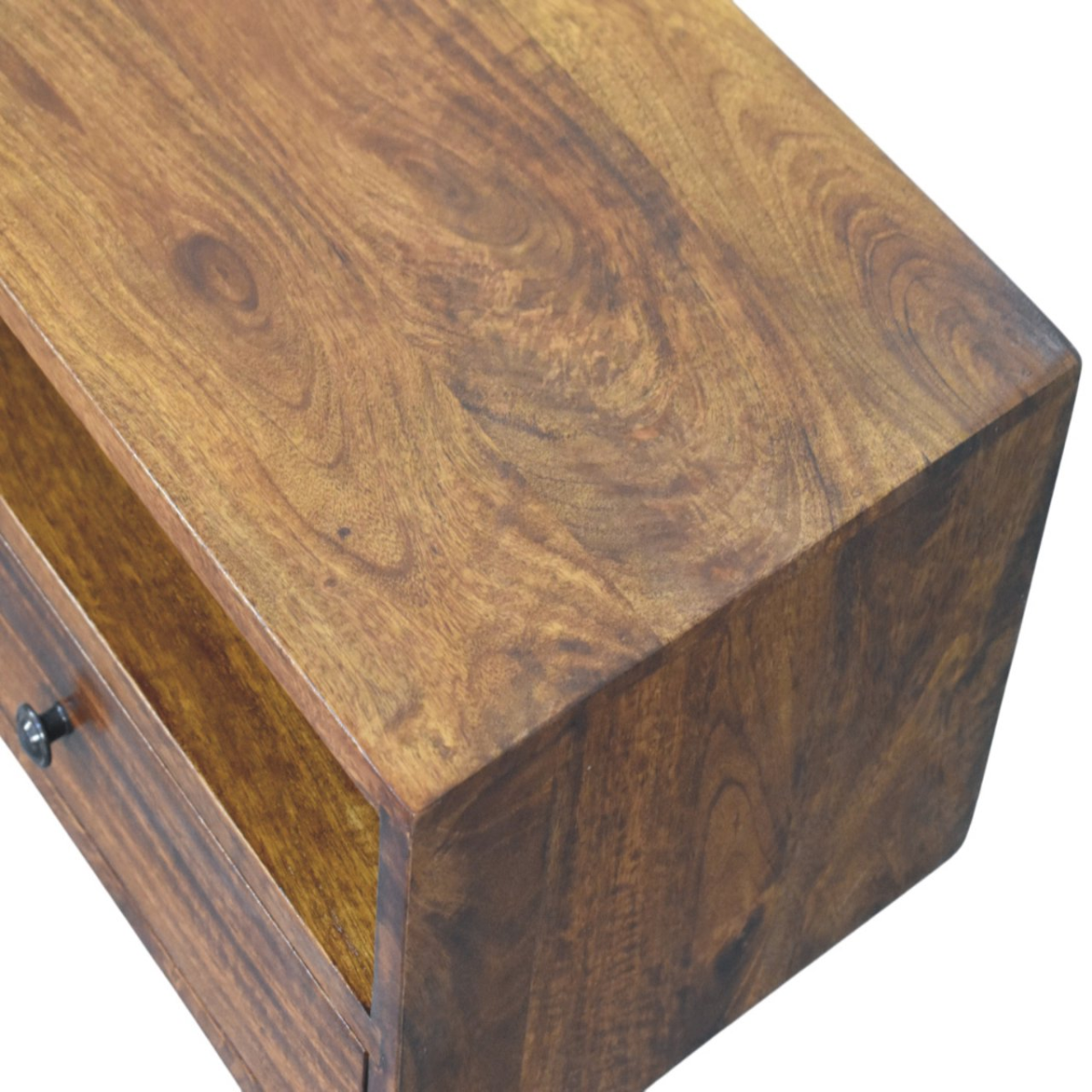 Artisan Furniture Solid Wood Lunar Chestnut Wall Mounted Media Unit, 2 Drawers and Open Shelf, Dark Brown