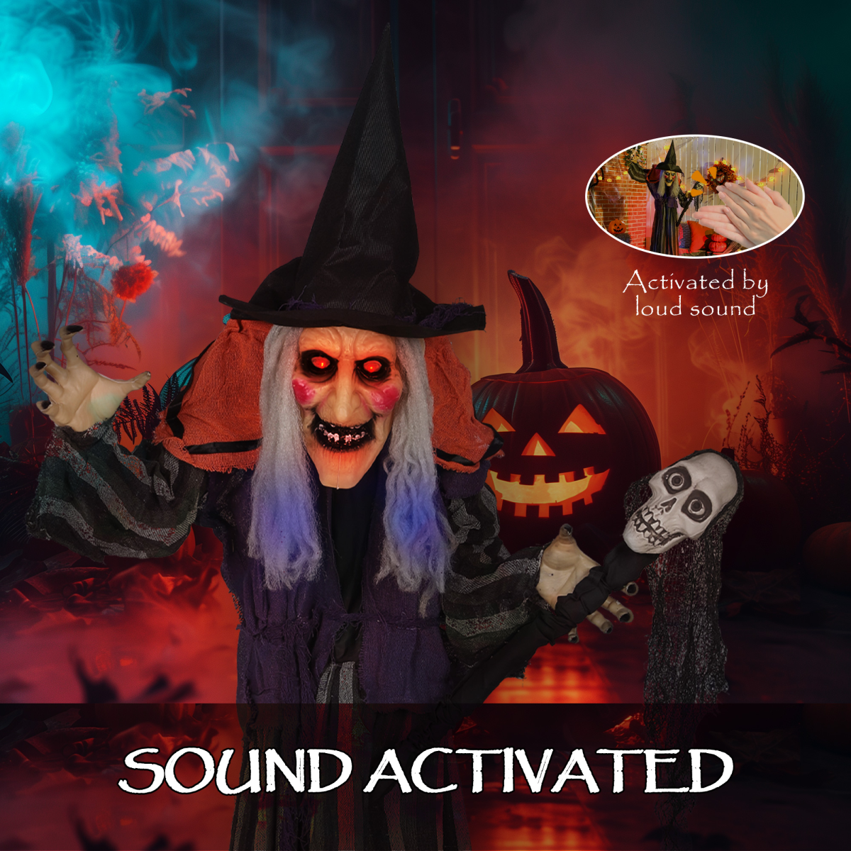 Outsunny Voice Activated Halloween Animatronics Standing Witch & Skull Staff