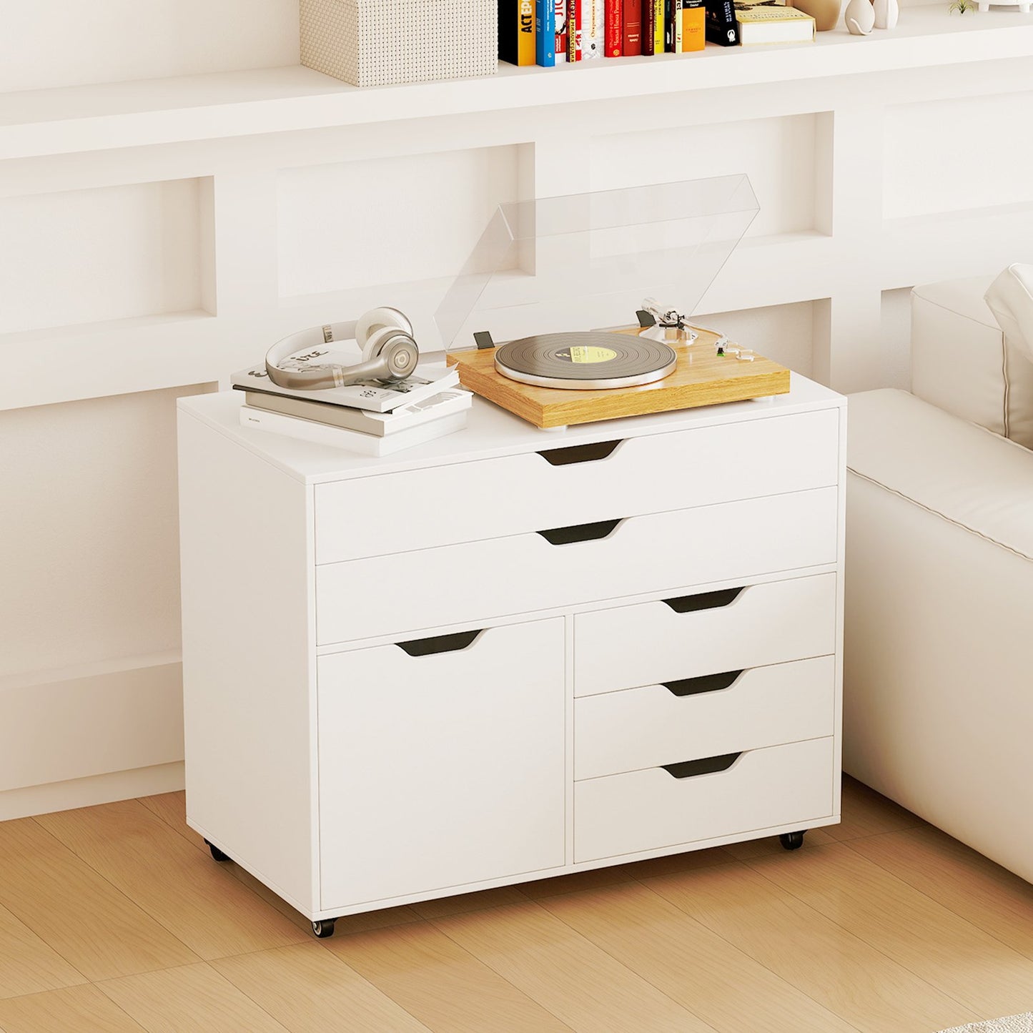 5-Drawer Chest with Door Mobile Chest of Drawers with 5 Casters-White