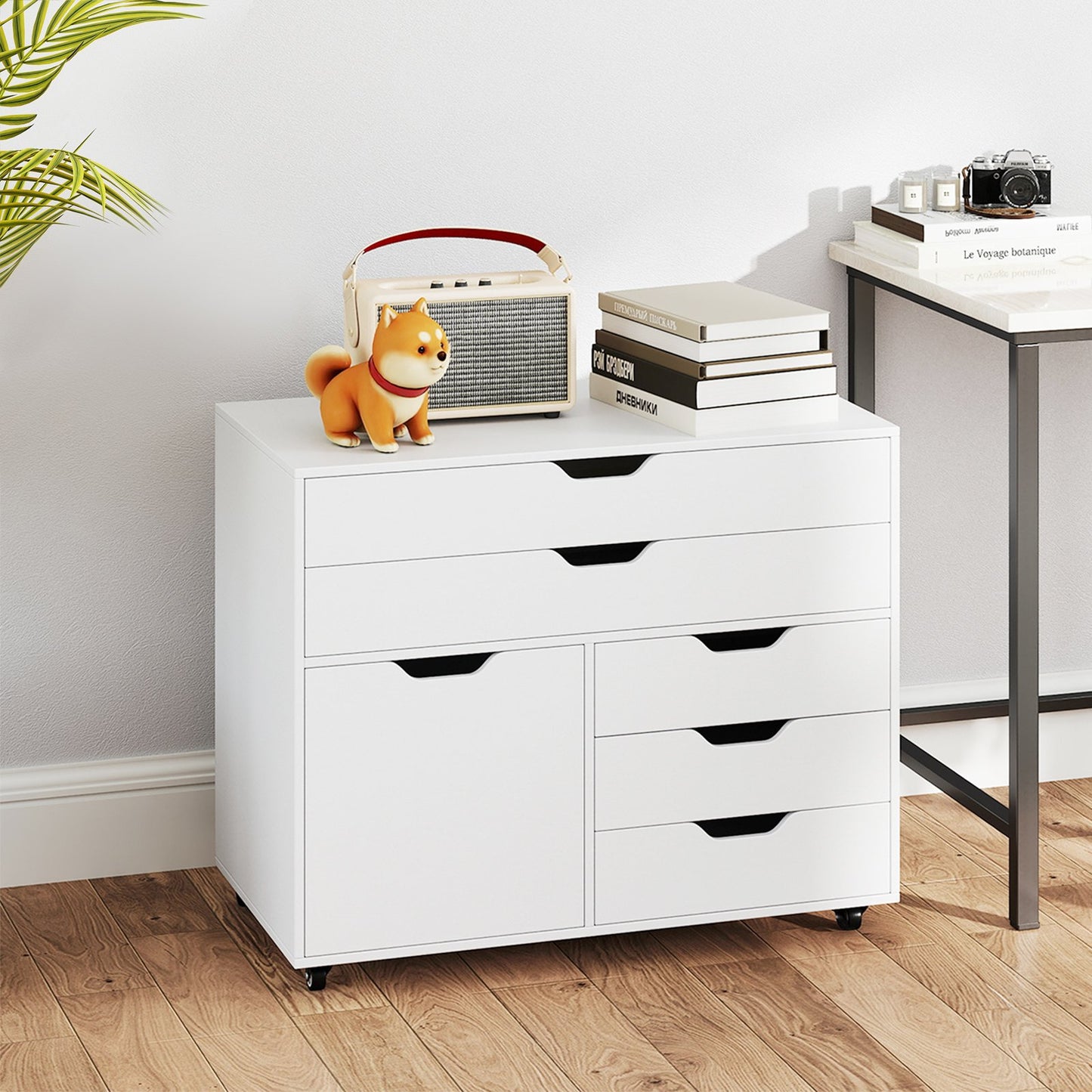 5-Drawer Chest with Door Mobile Chest of Drawers with 5 Casters-White