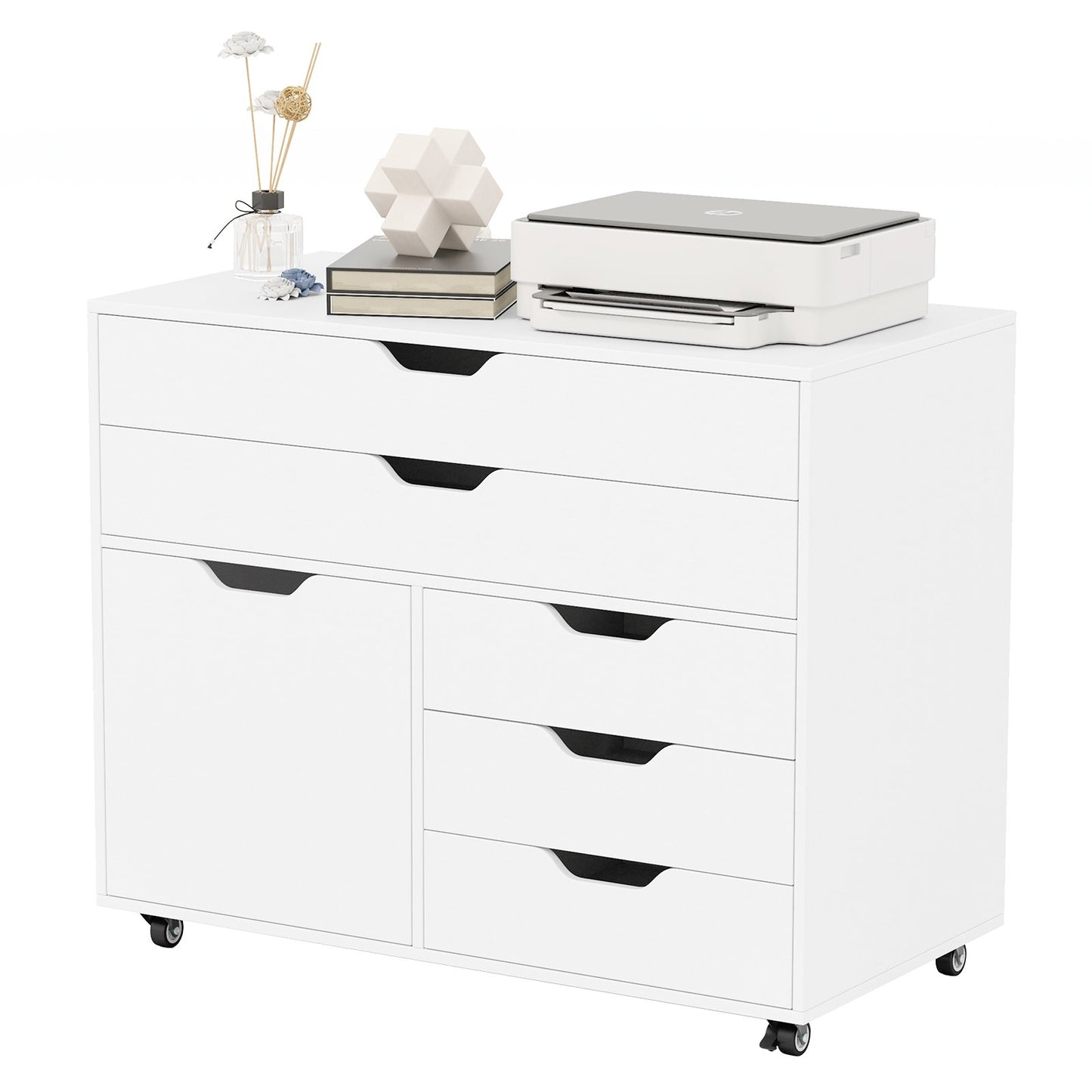 5-Drawer Chest with Door Mobile Chest of Drawers with 5 Casters-White