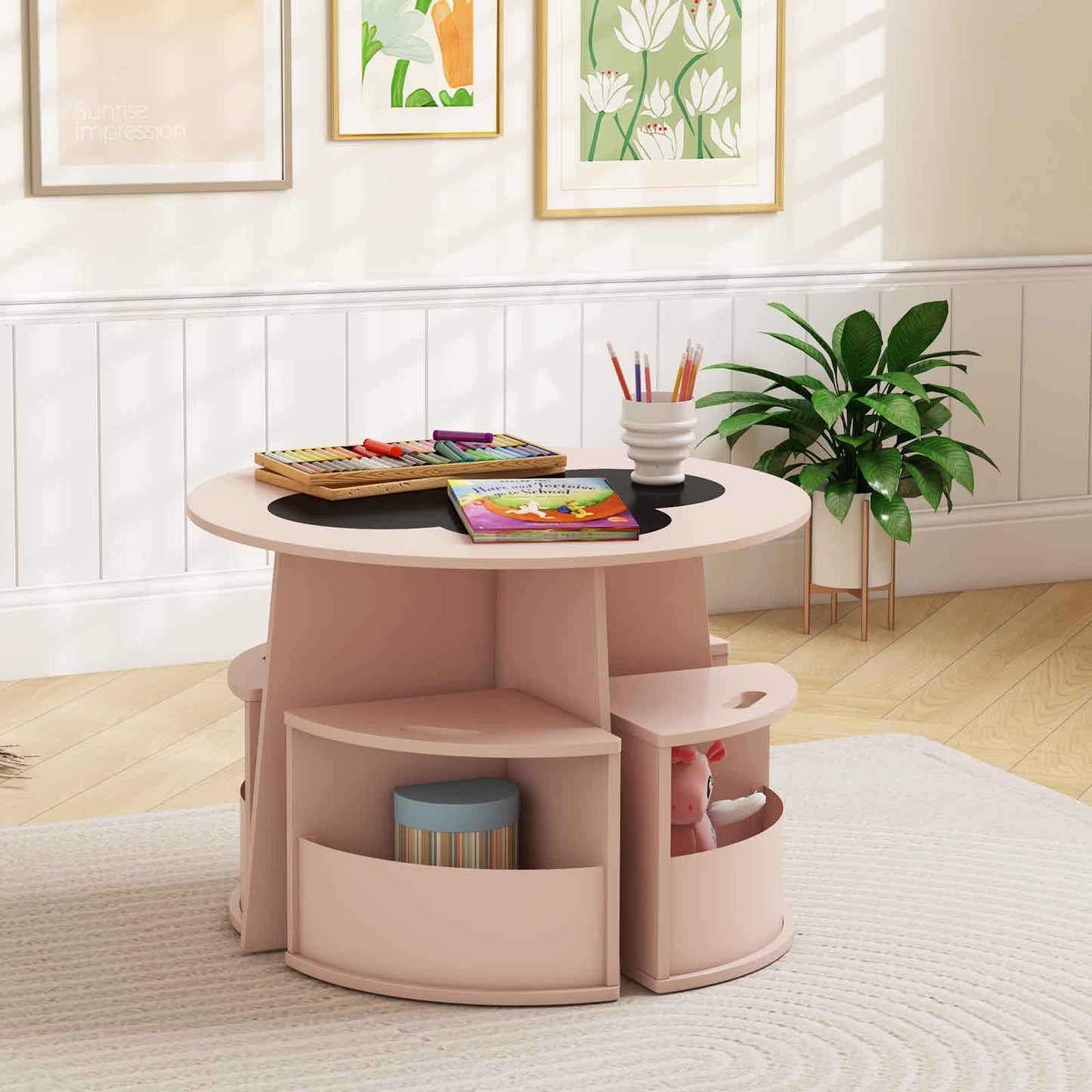 5 PCS Kids Table and Chair Set with Writable Blackboard Desktop-Natural