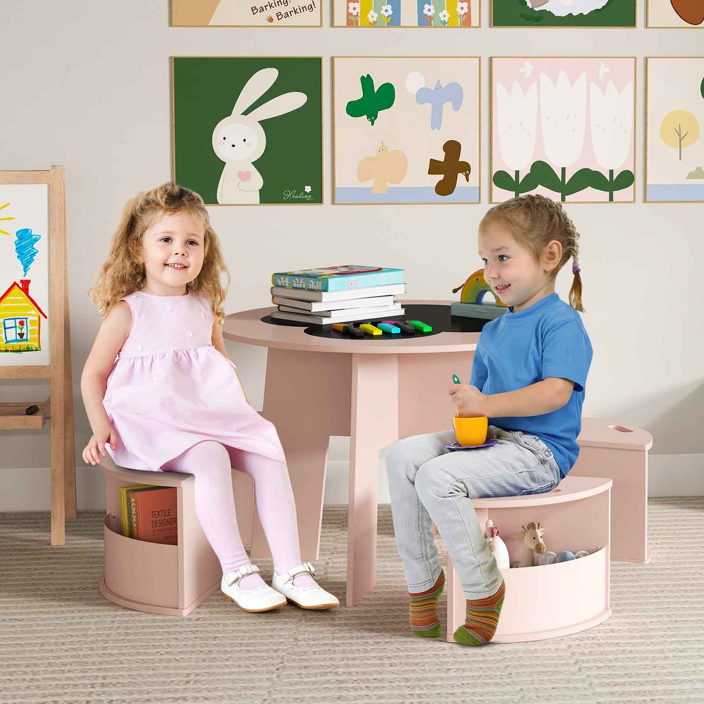 5 PCS Kids Table and Chair Set with Writable Blackboard Desktop-Natural