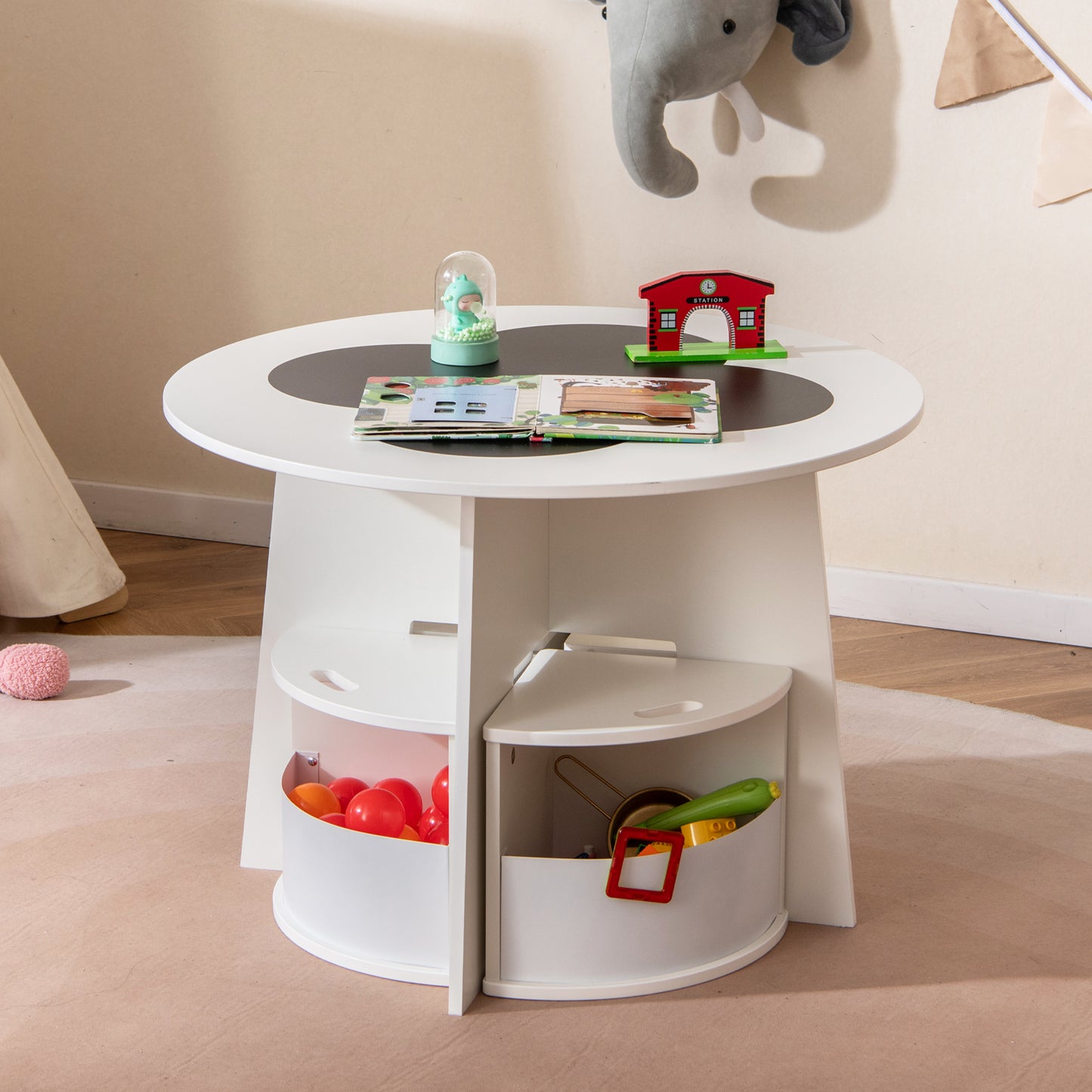 5 PCS Kids Table and Chair Set with Writable Blackboard Desktop-Natural