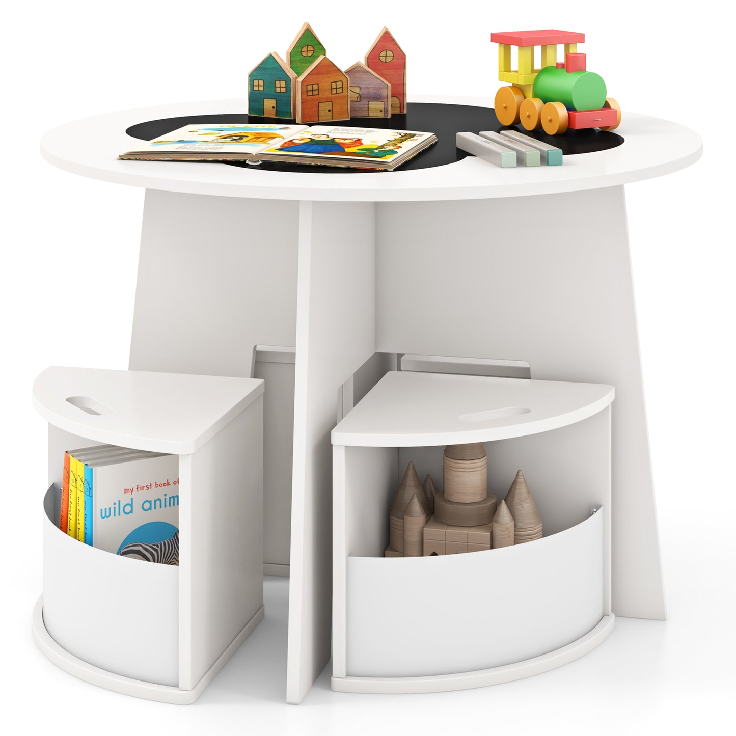 5 PCS Kids Table and Chair Set with Writable Blackboard Desktop-Natural