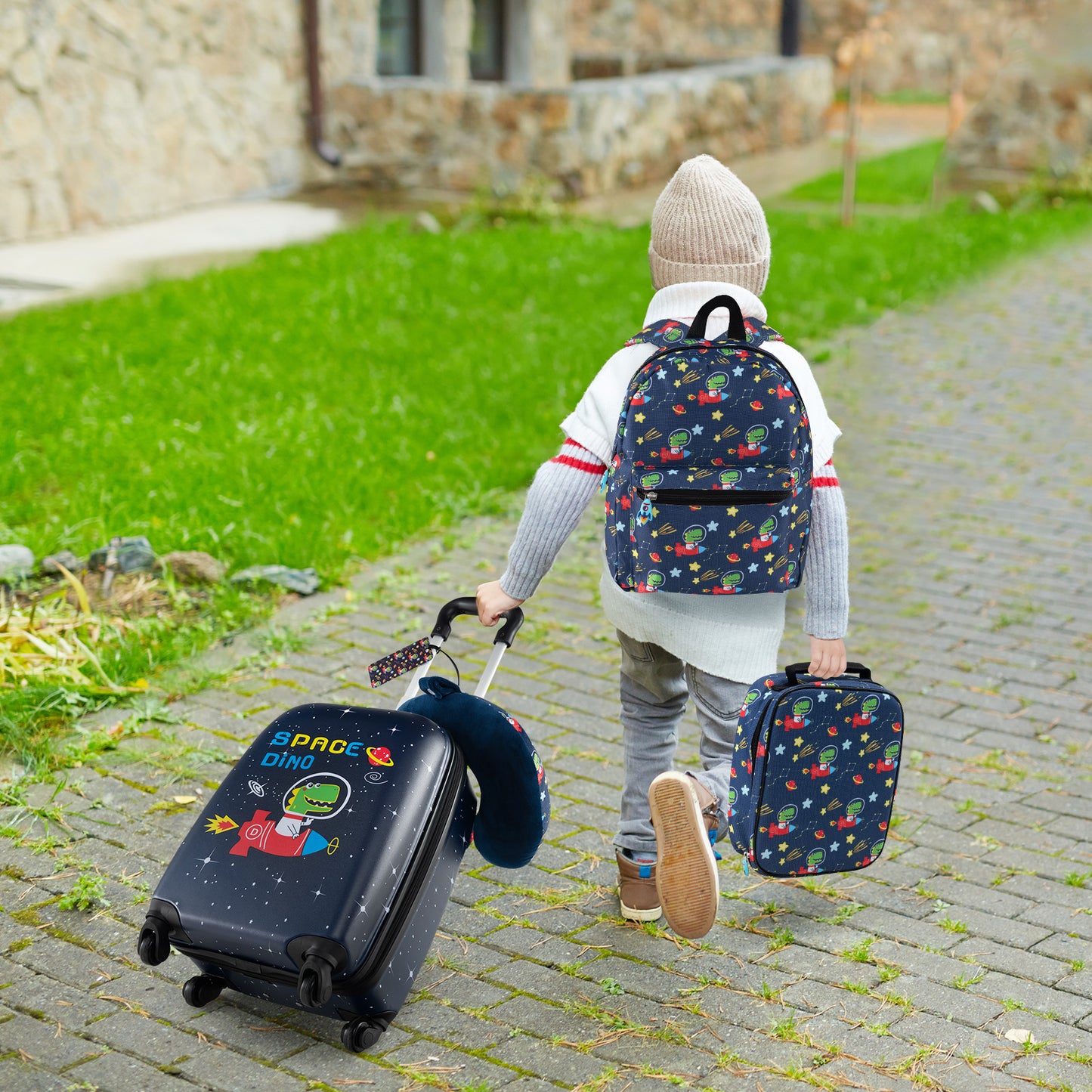 5 Piece Kids Luggage Set Carry-on Children Rolling Suitcase Set with Backpack-Blue