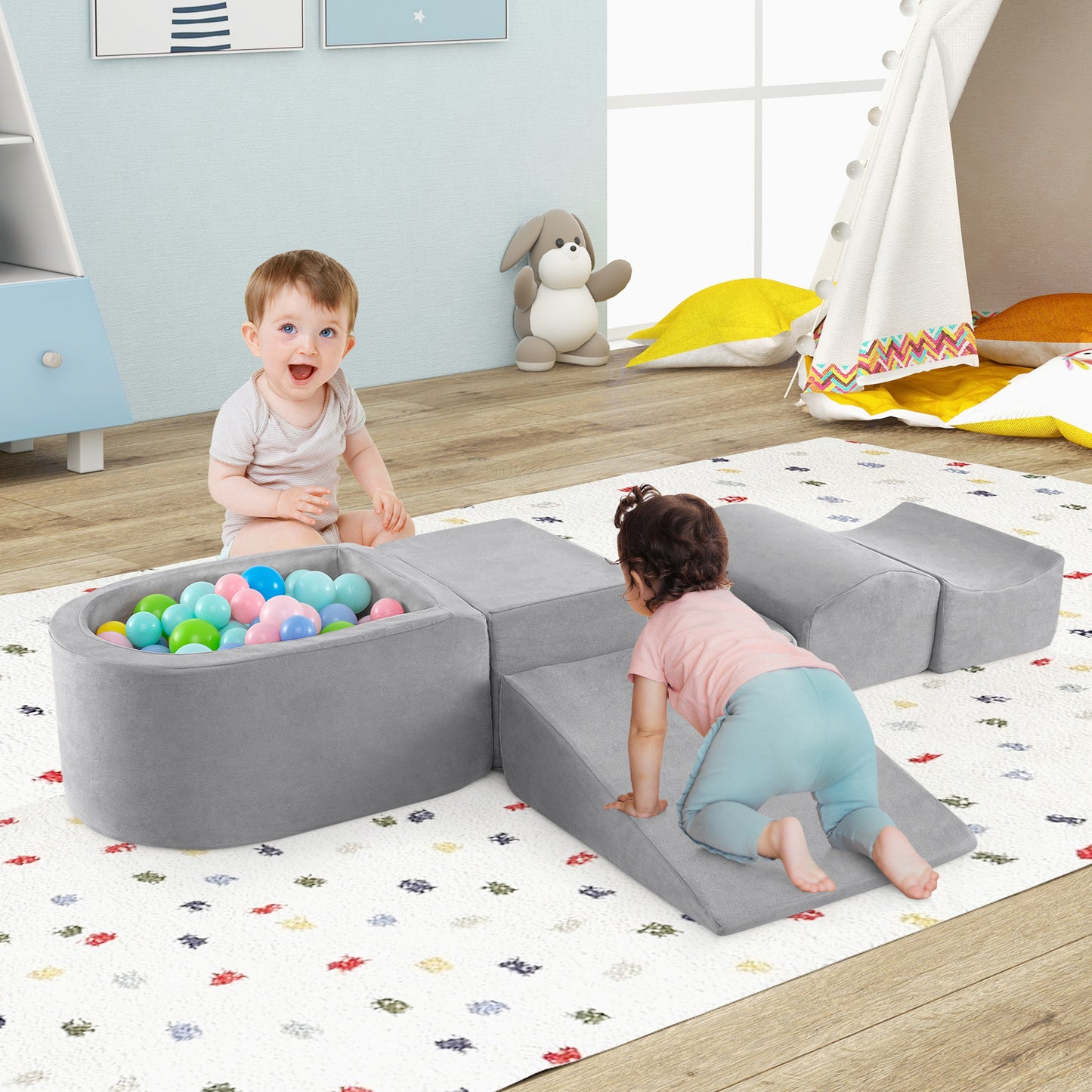 5-Piece Climb and Crawl Playset with Ball Pit for Kids-Beige