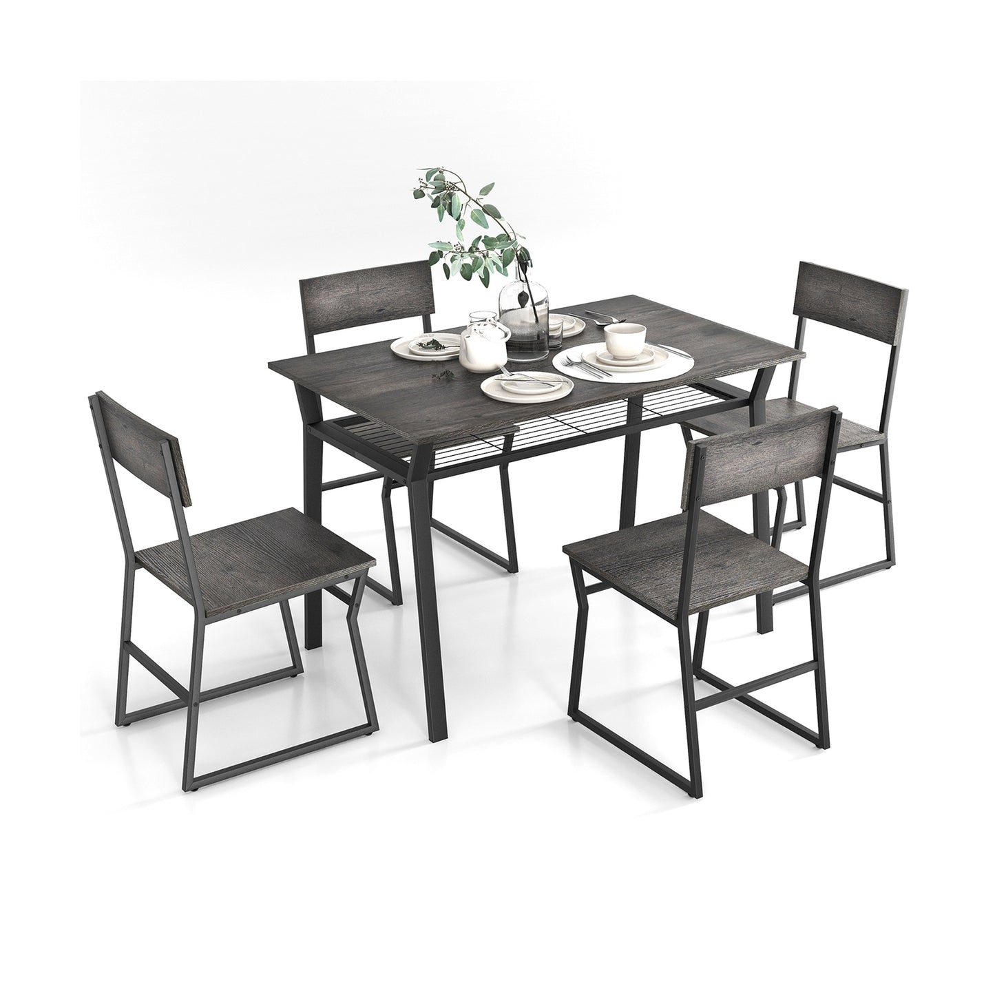 5 Piece Dining Table Set with Storage Rack and Metal Frame-Rustic Brown