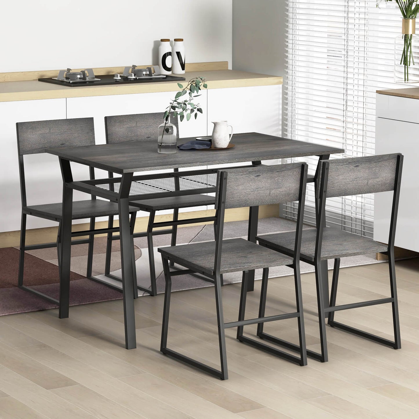 5 Piece Dining Table Set with Storage Rack and Metal Frame-Rustic Brown