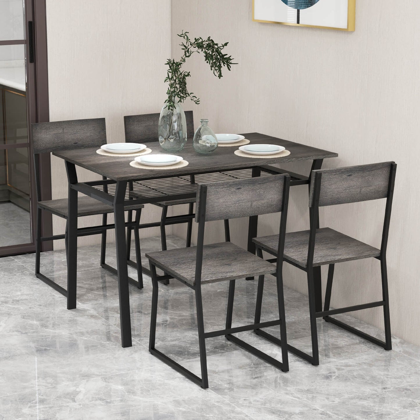 5 Piece Dining Table Set with Storage Rack and Metal Frame-Rustic Brown