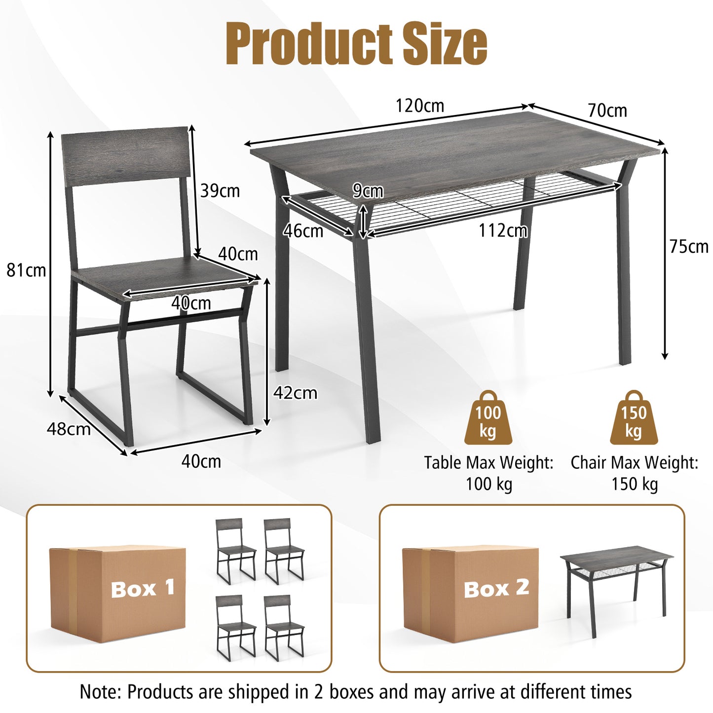 5 Piece Dining Table Set with Storage Rack and Metal Frame-Rustic Brown