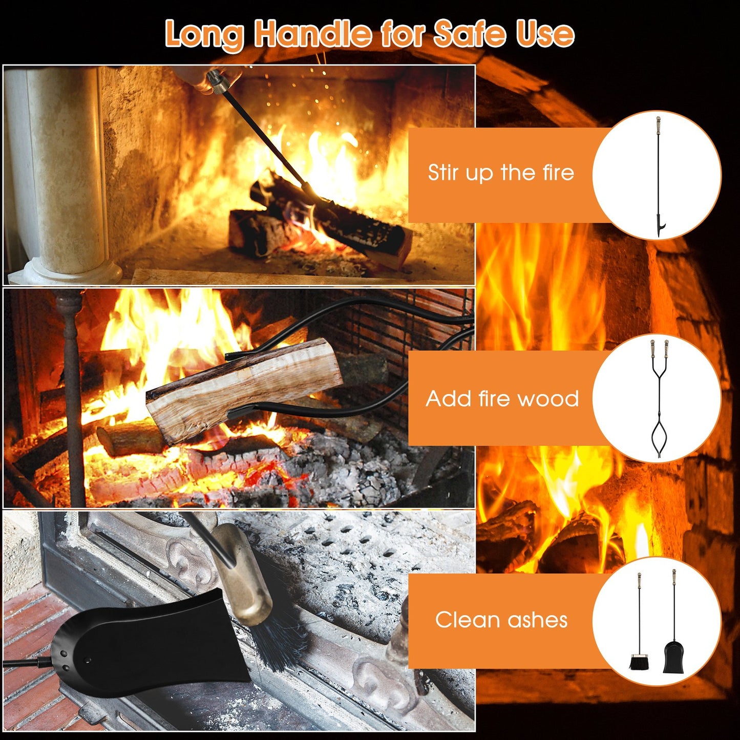 5-Piece Fireplace Tool Set with Ergonomic Handle