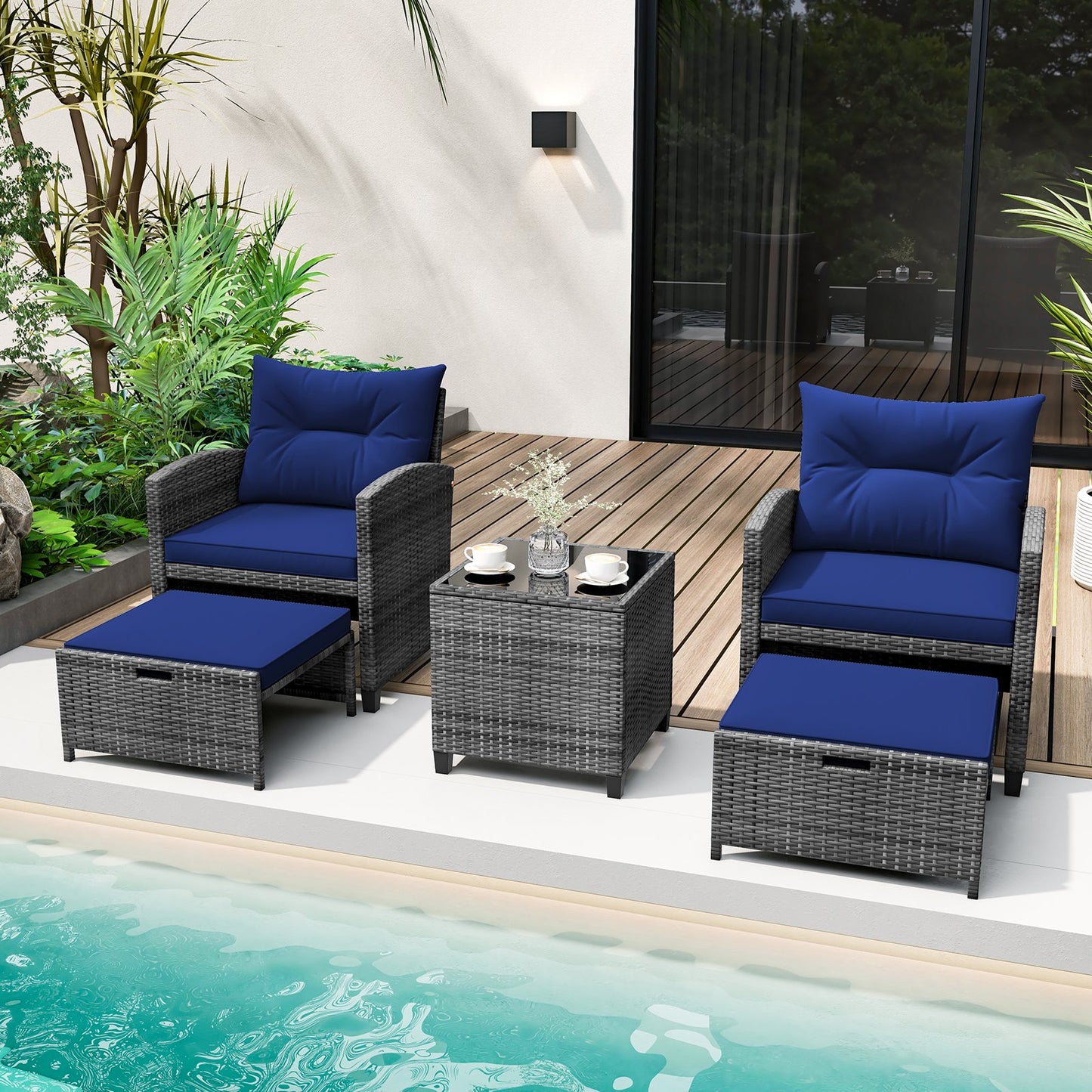5 Piece Wicker Patio Furniture Set with 2 Cushioned Chairs and 2 Ottomans-Beige