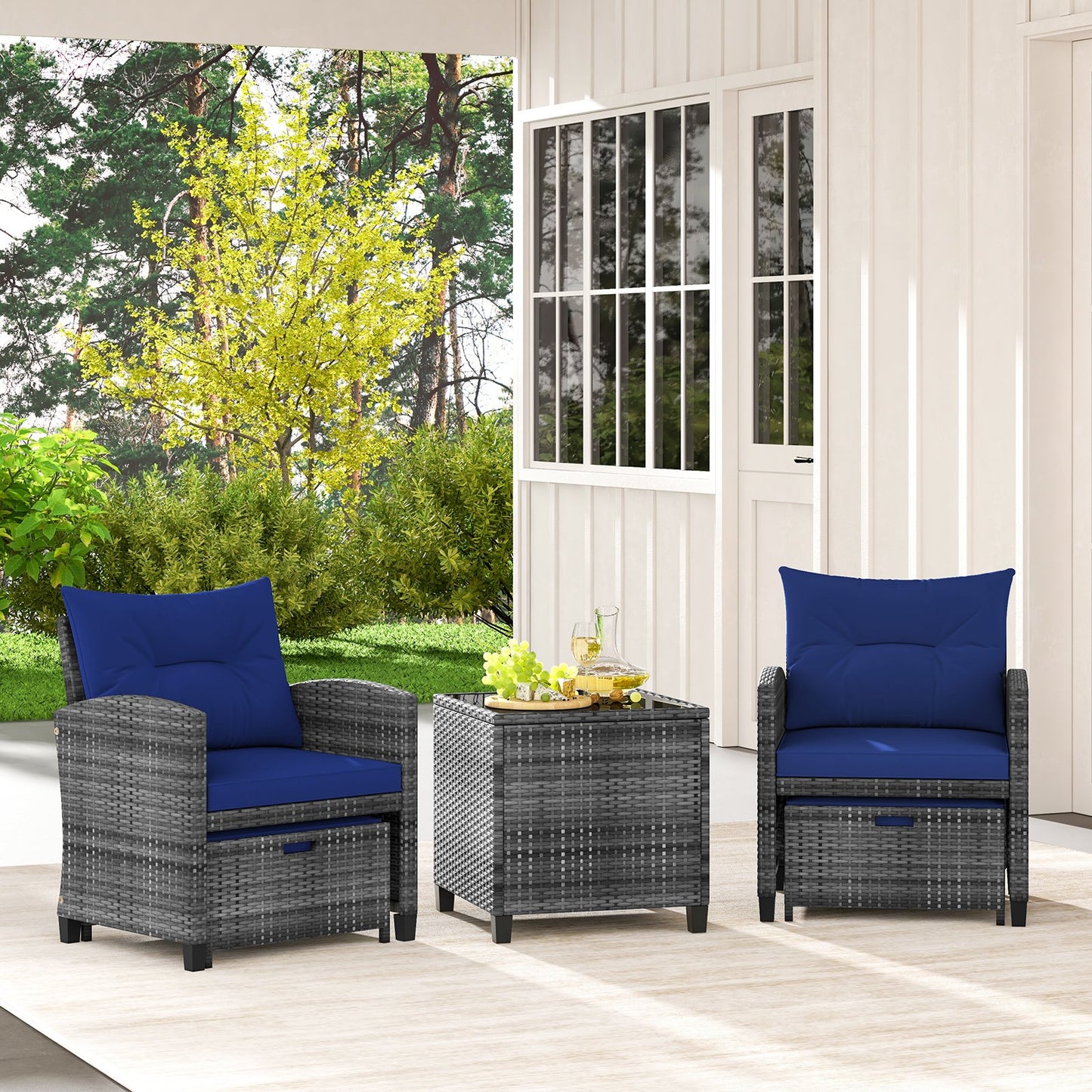5 Piece Wicker Patio Furniture Set with 2 Cushioned Chairs and 2 Ottomans-Beige
