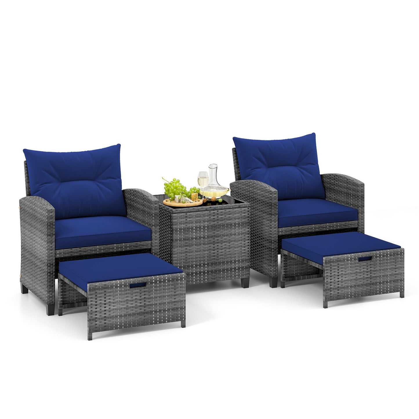 5 Piece Wicker Patio Furniture Set with 2 Cushioned Chairs and 2 Ottomans-Beige