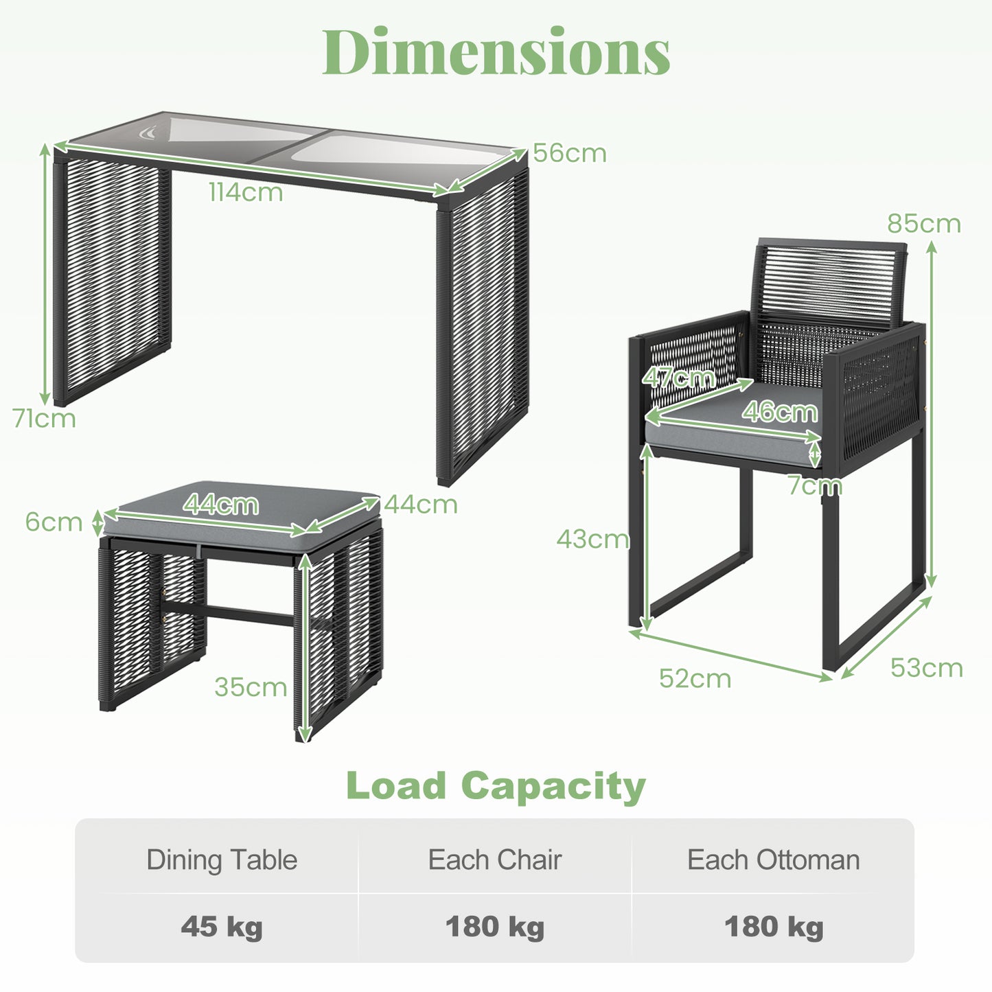 5 Pieces Patio Dining Set with Removable Cushions and Rattan Ottomans-Grey