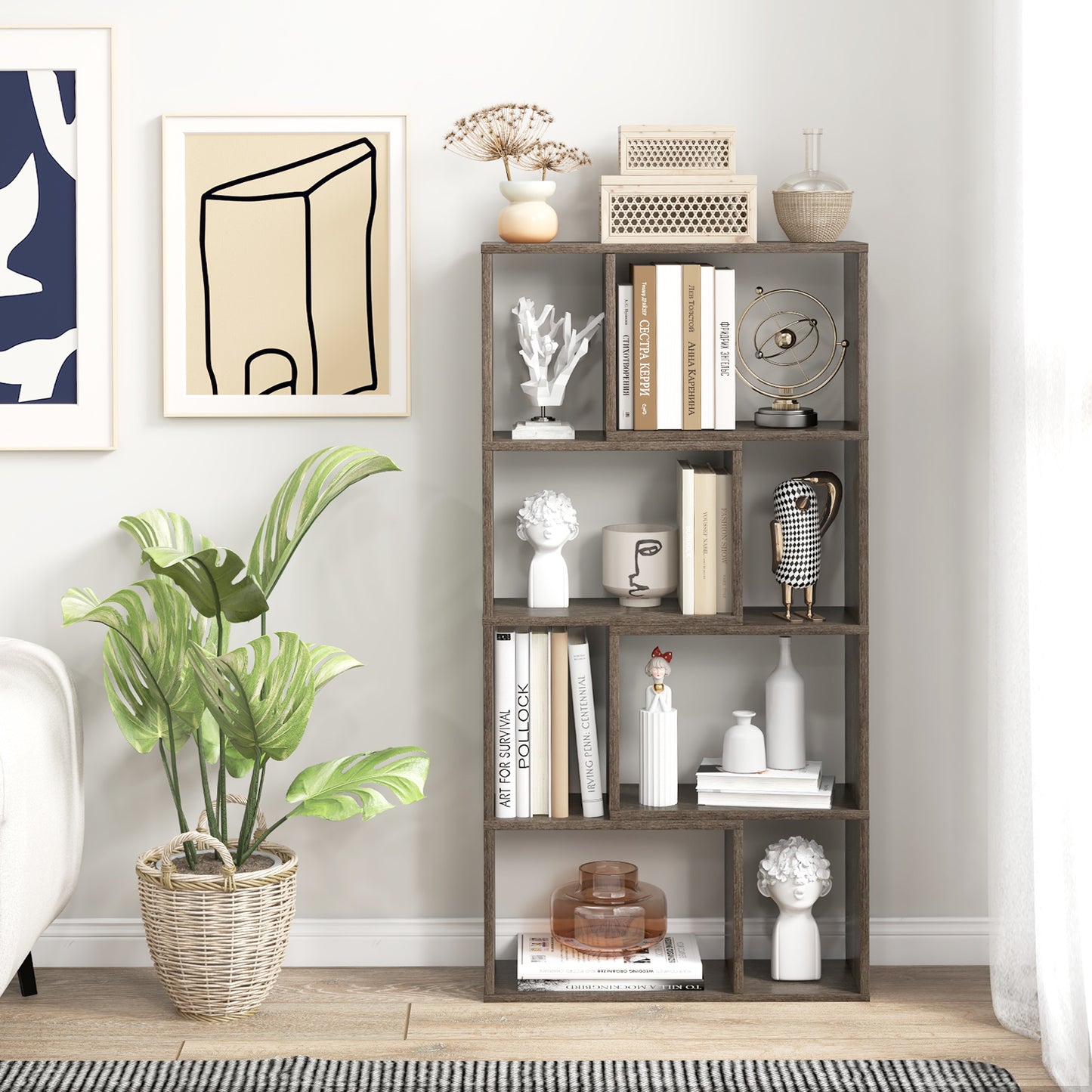 5-Tier Geometric Bookshelf with 8 Cubes Floor Standing Open Display-Brown