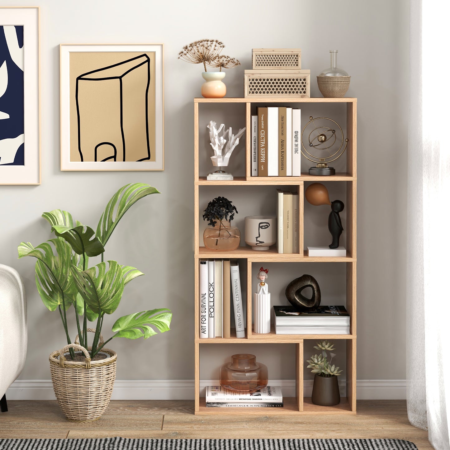 5-Tier Geometric Bookshelf with 8 Cubes Floor Standing Open Display-Brown