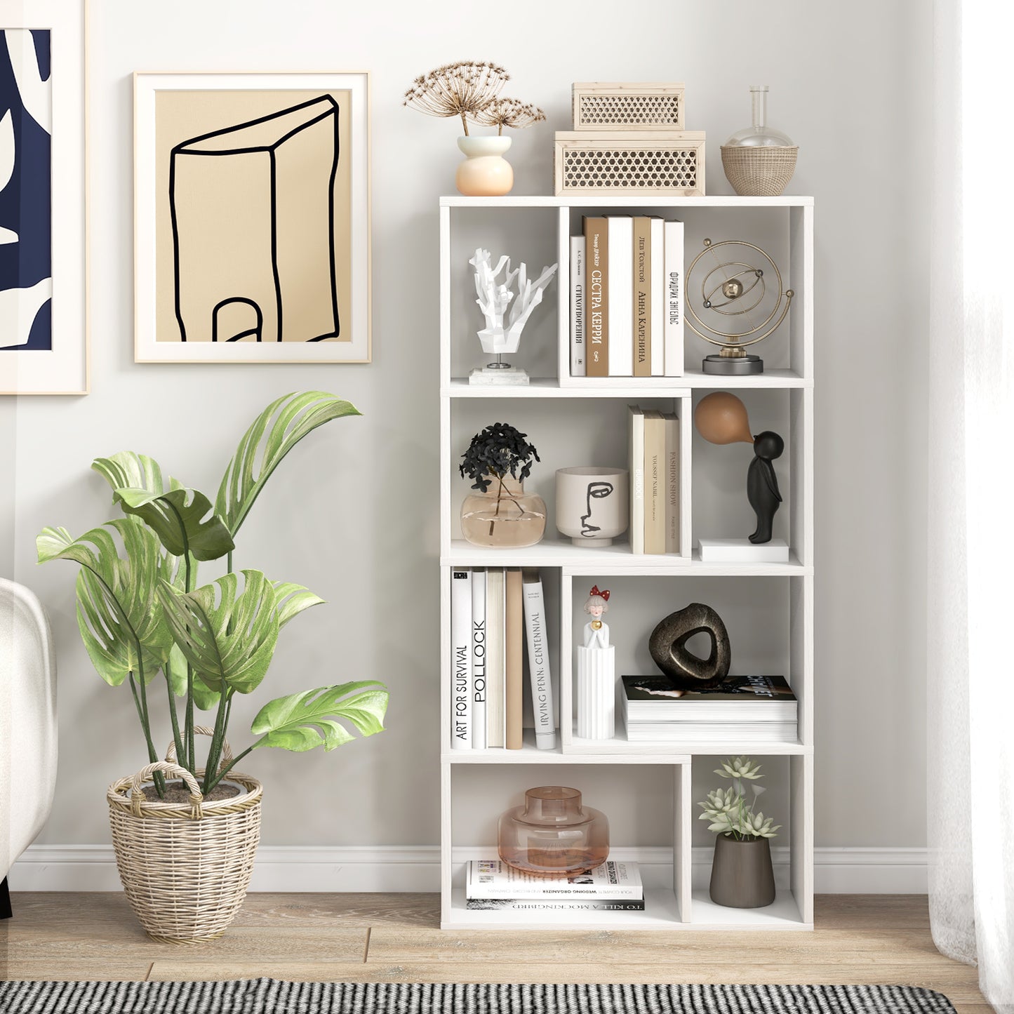 5-Tier Geometric Bookshelf with 8 Cubes Floor Standing Open Display-Brown
