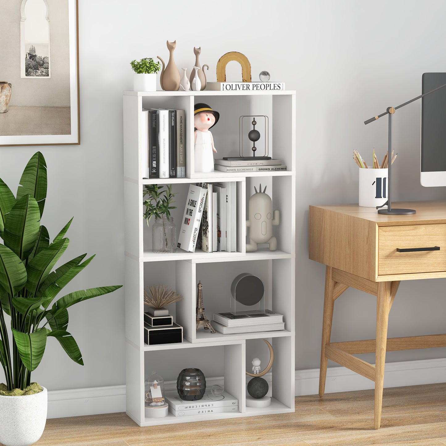 5-Tier Geometric Bookshelf with 8 Cubes Floor Standing Open Display-Brown