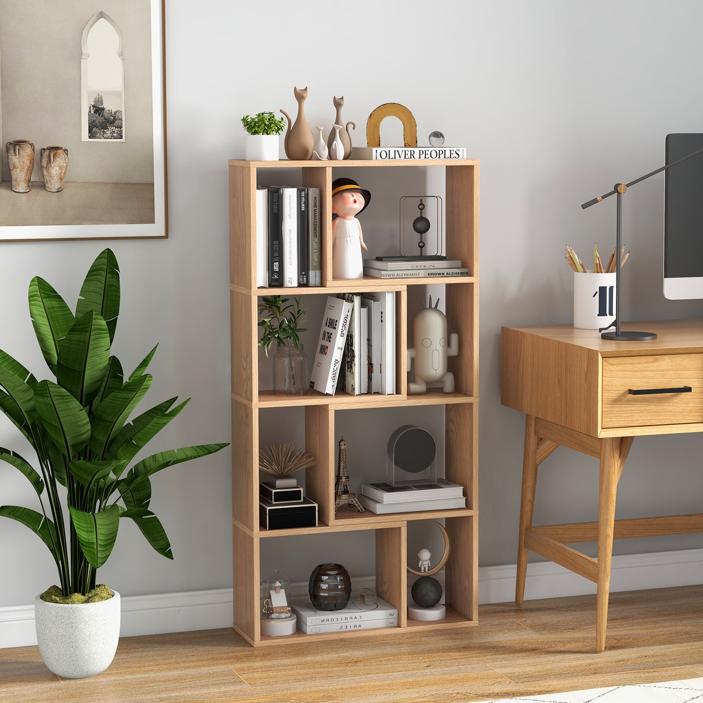 5-Tier Geometric Bookshelf with 8 Cubes Floor Standing Open Display-Brown