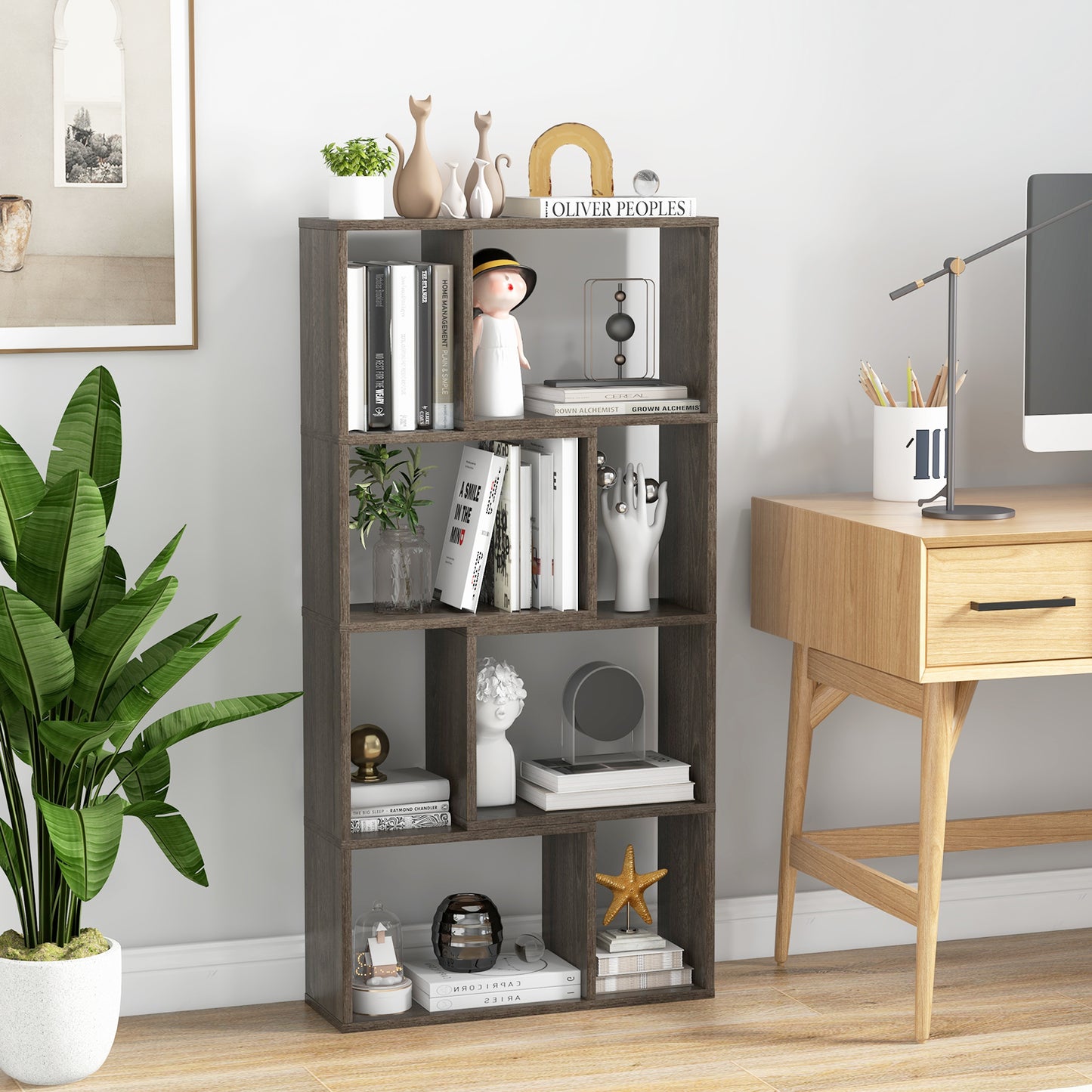 5-Tier Geometric Bookshelf with 8 Cubes Floor Standing Open Display-Brown