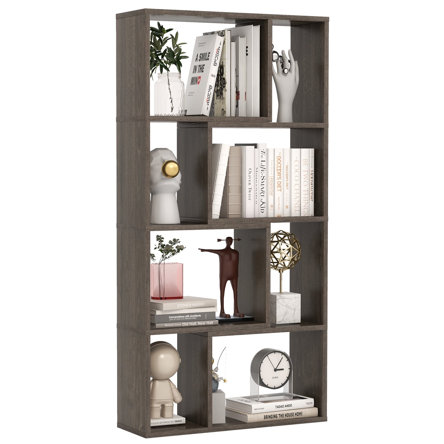 5-Tier Geometric Bookshelf with 8 Cubes Floor Standing Open Display-Brown