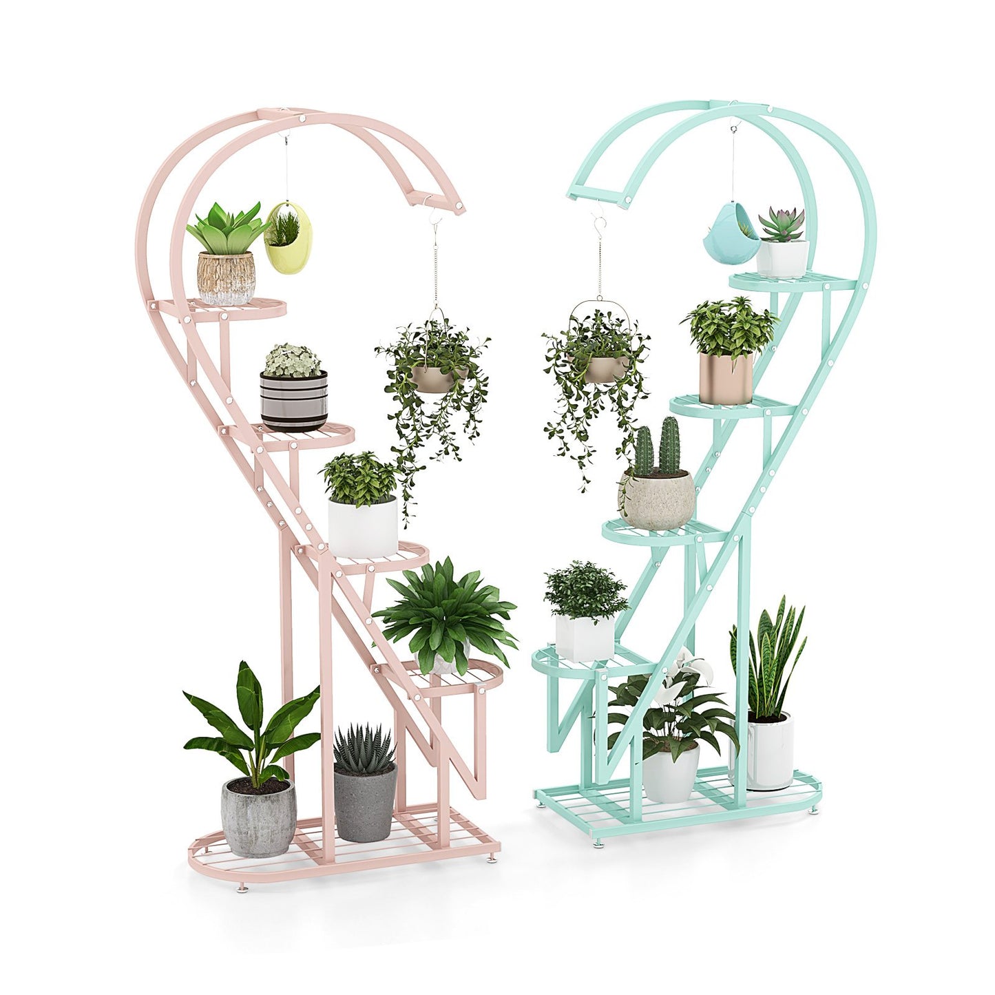 5-Tier Metal Heart-shaped Plant Stand with Hanging Hooks-White