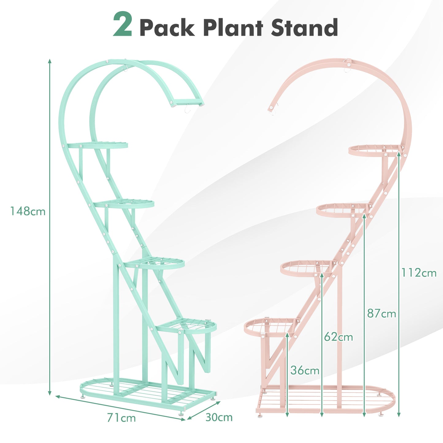 5-Tier Metal Heart-shaped Plant Stand with Hanging Hooks-White
