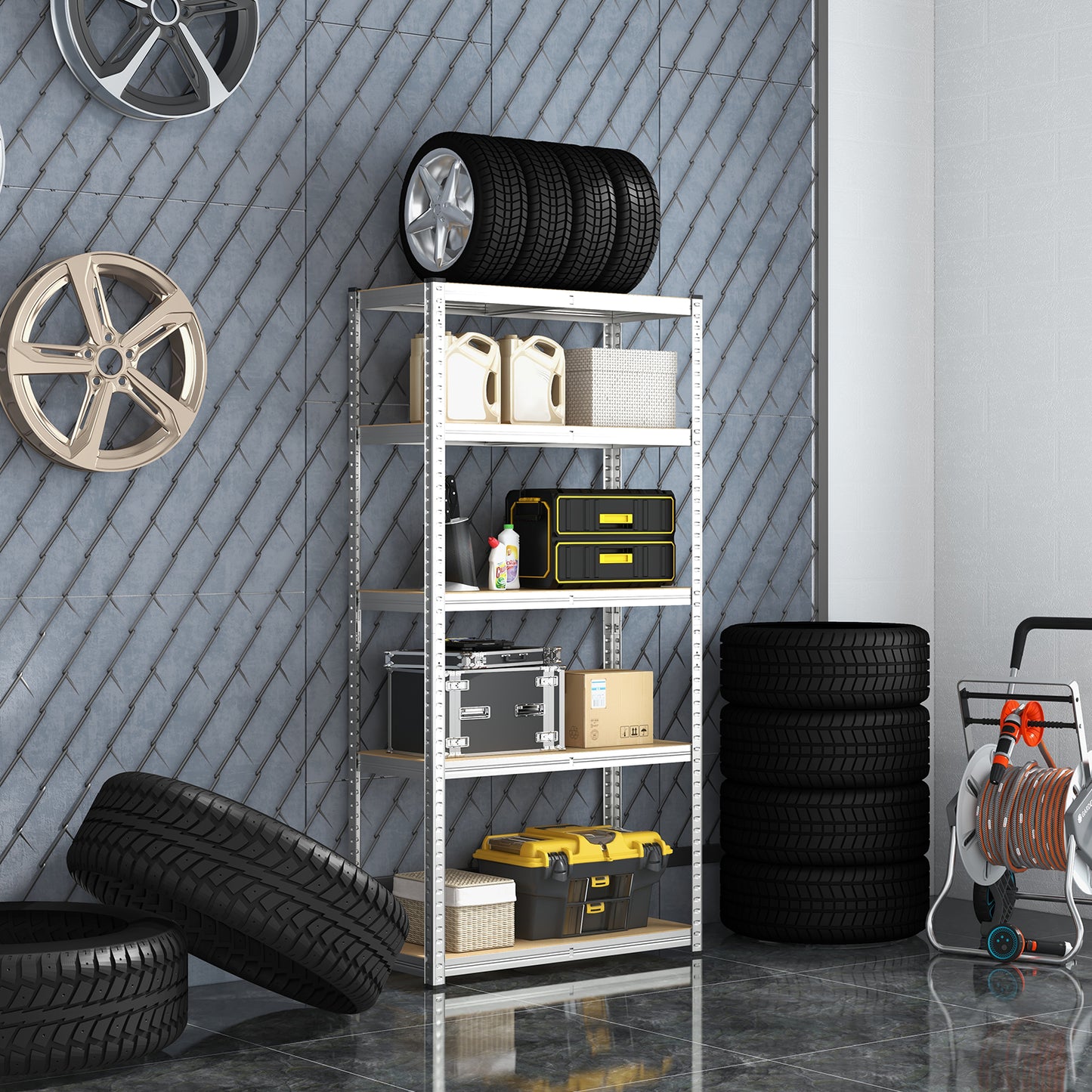 5-Tier Metal Shelving Unit with Adjustable Height and Anti-tipping Devices-Grey