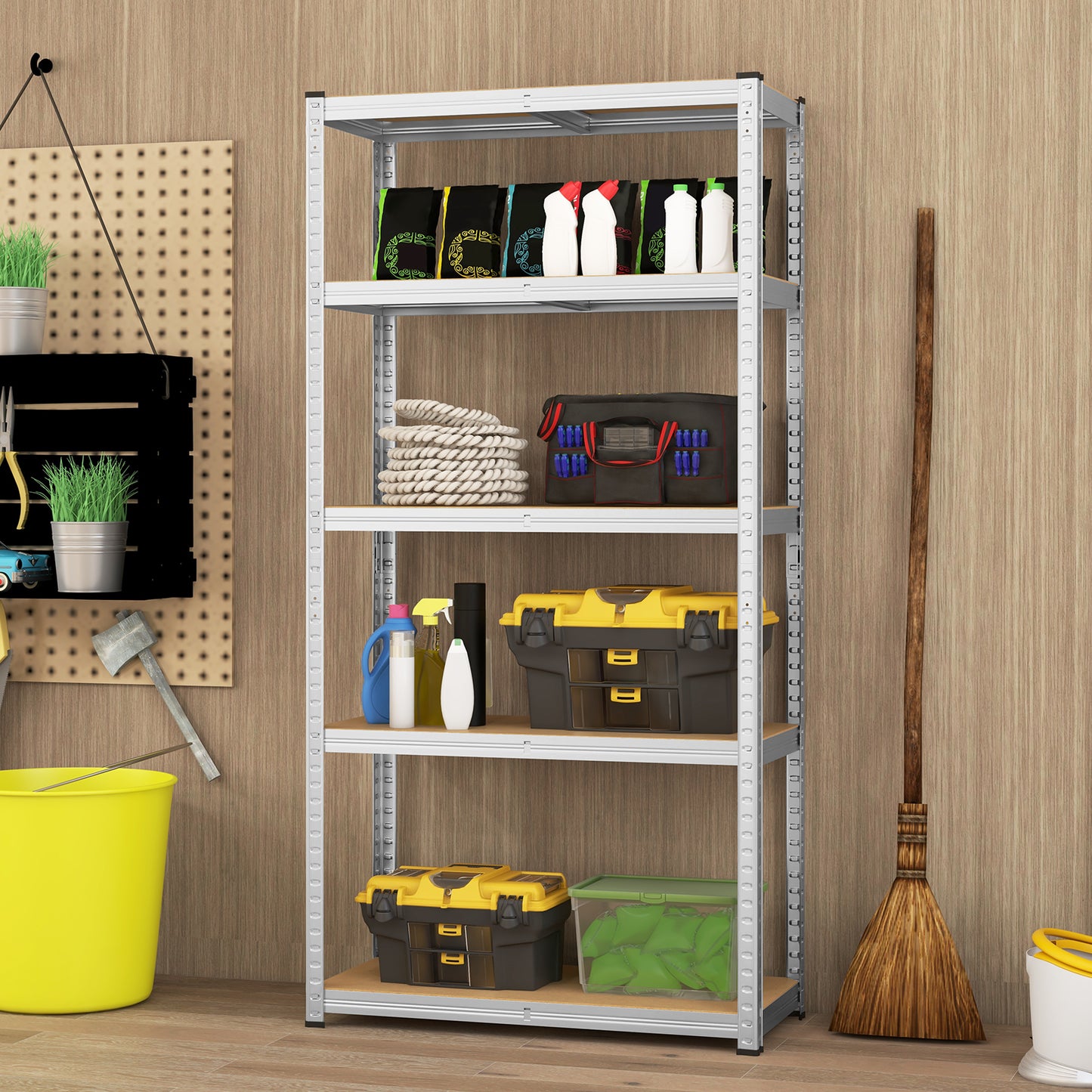 5-Tier Metal Shelving Unit with Adjustable Height and Anti-tipping Devices-Grey