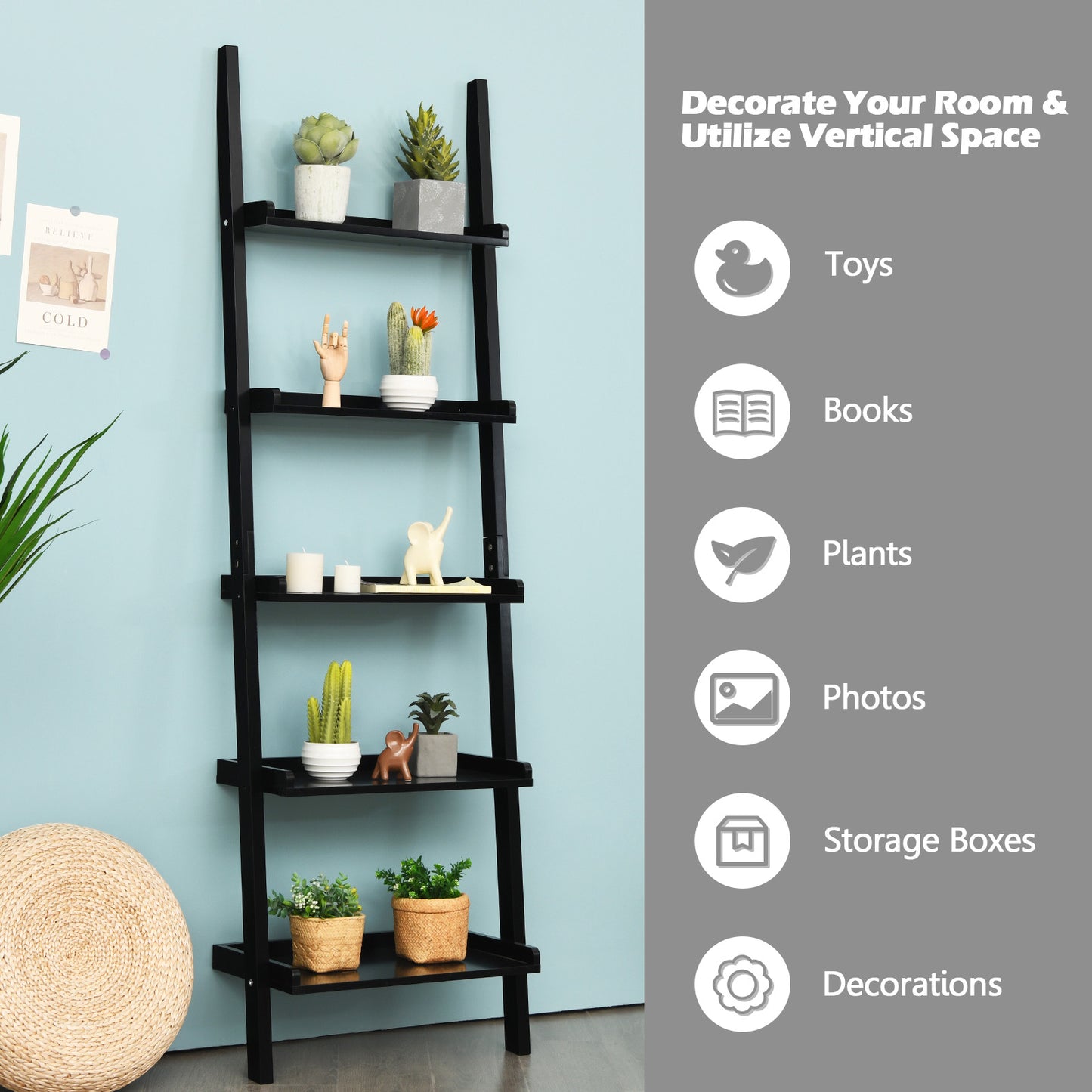 5-Tier Wall Shelf Display Bookcase-White