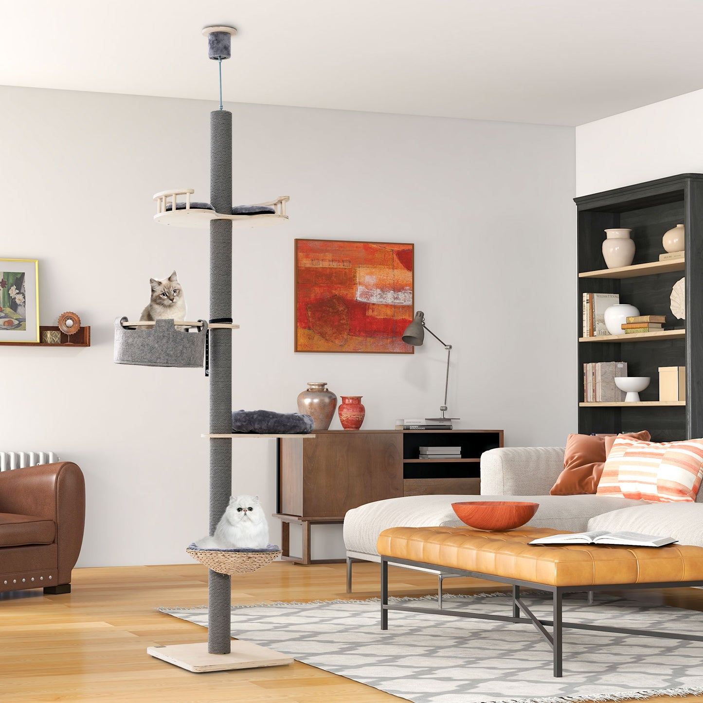 5-Tier Wooden Cat Tower Floor to Ceiling Cat Tree with Adjustable Height-Grey
