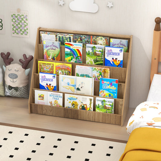 5-Tier Wooden Toddler Book Shelf Stand with Deep Compartments-Natural