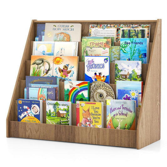 5-Tier Wooden Toddler Book Shelf Stand with Deep Compartments-Natural