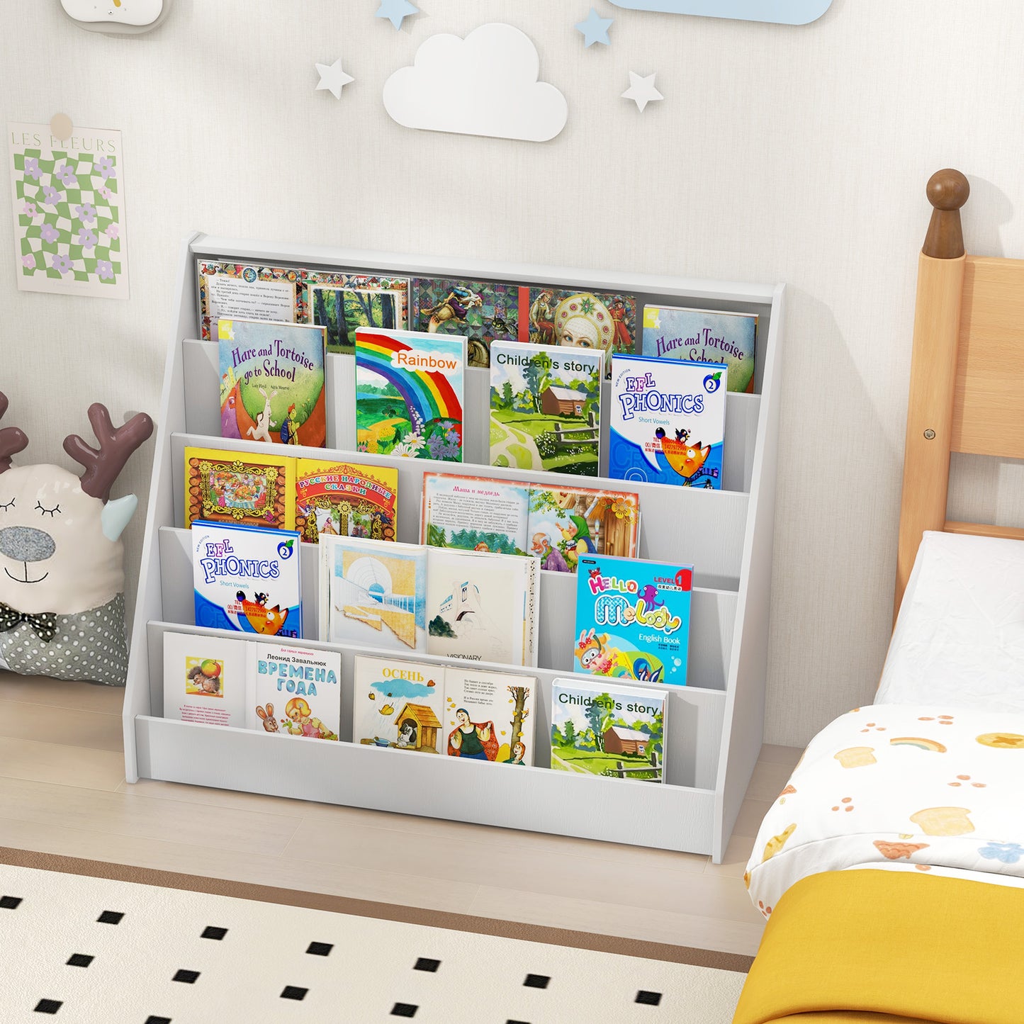 5-Tier Wooden Toddler Book Shelf Stand with Deep Compartments-Natural